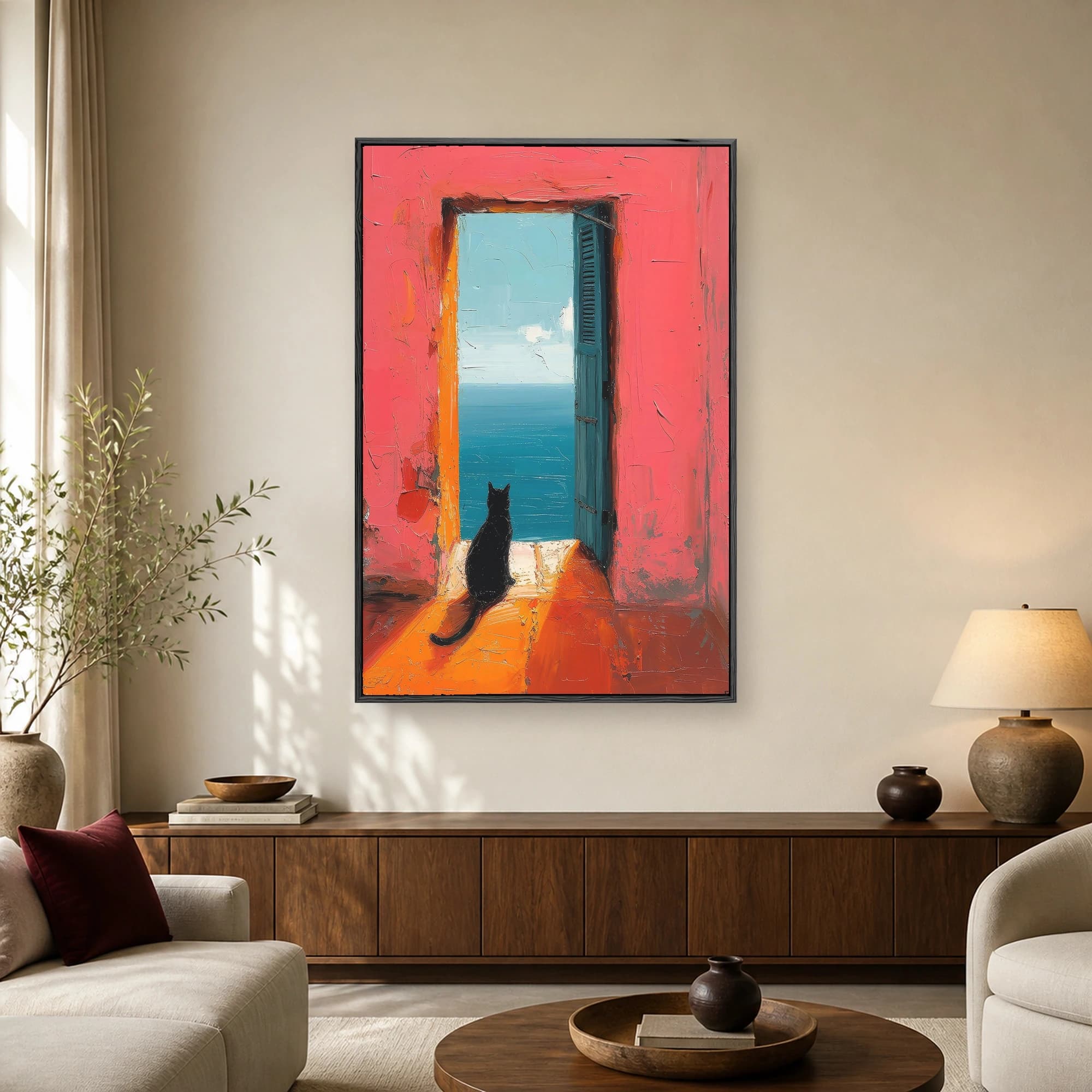 An impressionistic oil painting of a black cat sitting in a hot pink doorway, looking out over a bright blue ocean horizon.