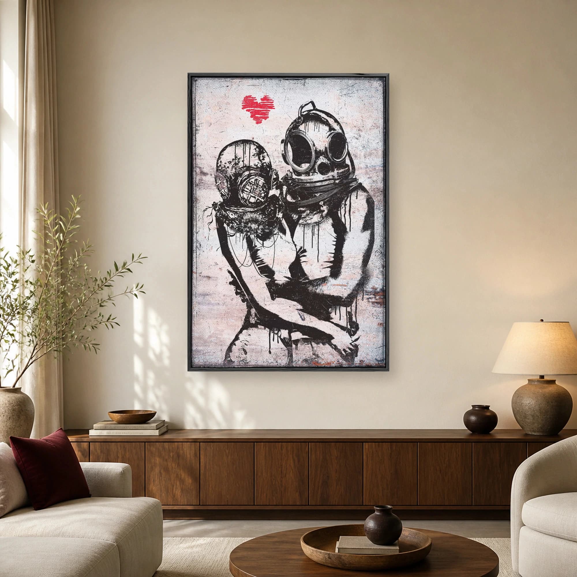 Urban pop art print depicting two figures in weathered deep-sea diving helmets embracing under a red heart against a distressed background.