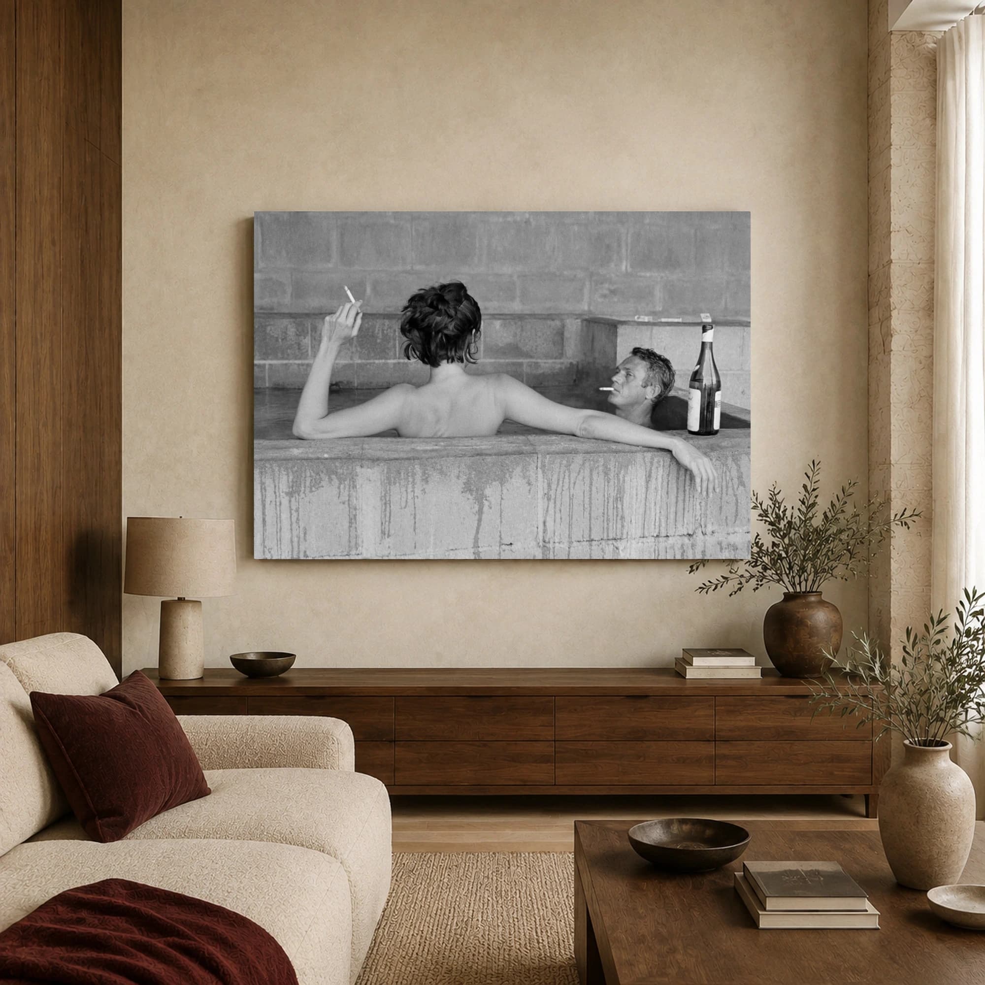 Steve McQueen & Neile Adams Vintage Hot Tub Black & White Wall Art, view 3