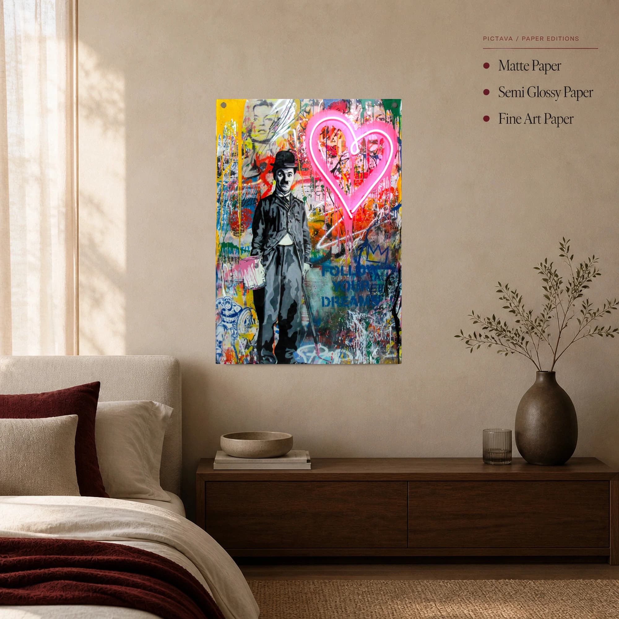 Charlie Chaplin Neon Heart Street Art Canvas Print, view 5