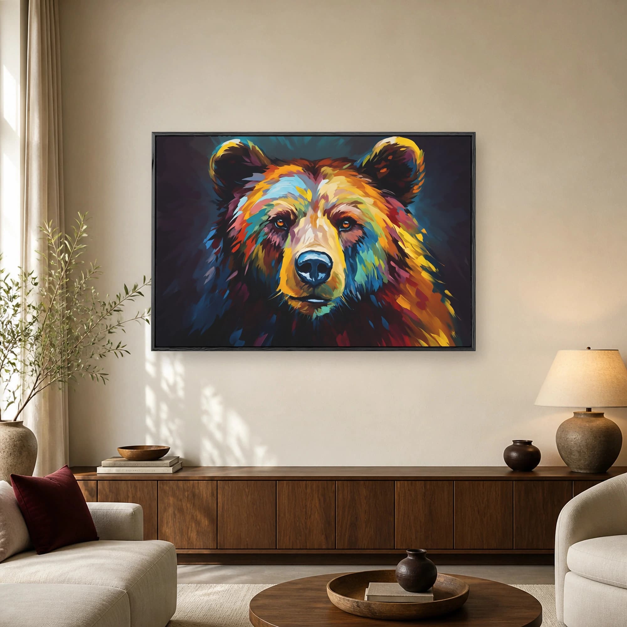 Close-up portrait of a grizzly bear rendered in colorful impasto brushstrokes with intense amber eyes against a dark background.