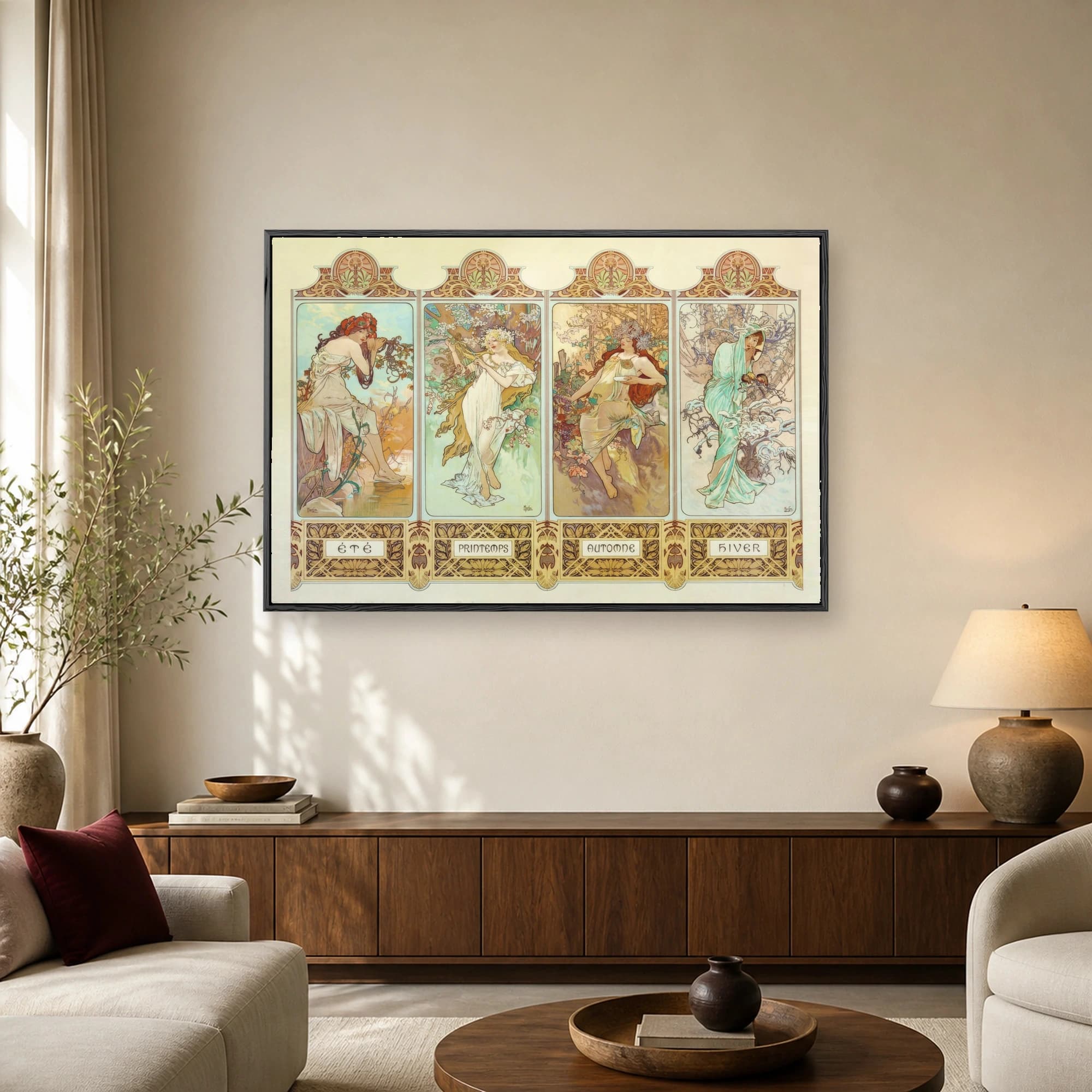 Art Nouveau four-panel illustration by Alphonse Mucha depicting allegorical female figures for Summer, Spring, Autumn, and Winter.