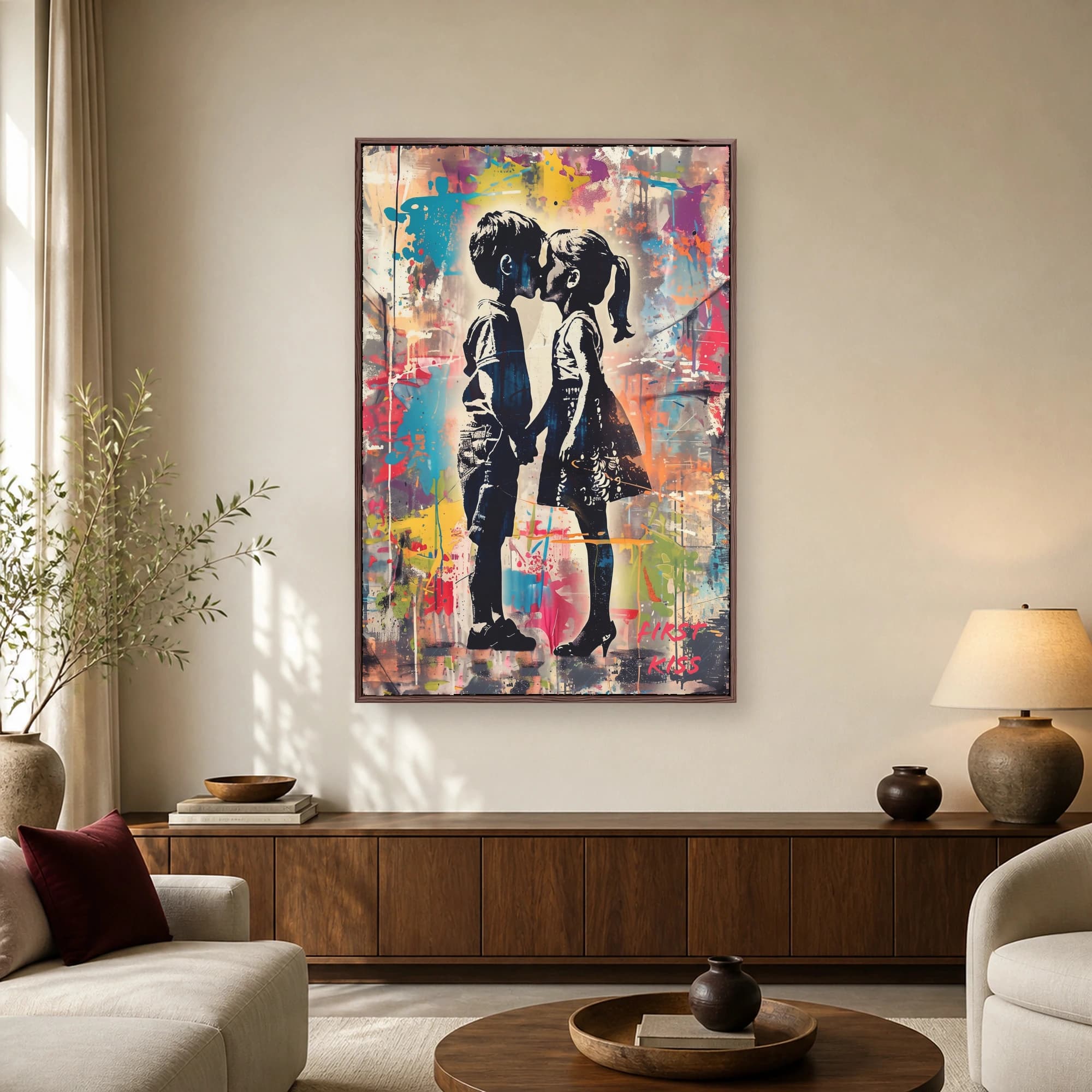 Street art print of a boy and girl silhouette kissing against a vibrant paint-splattered urban wall