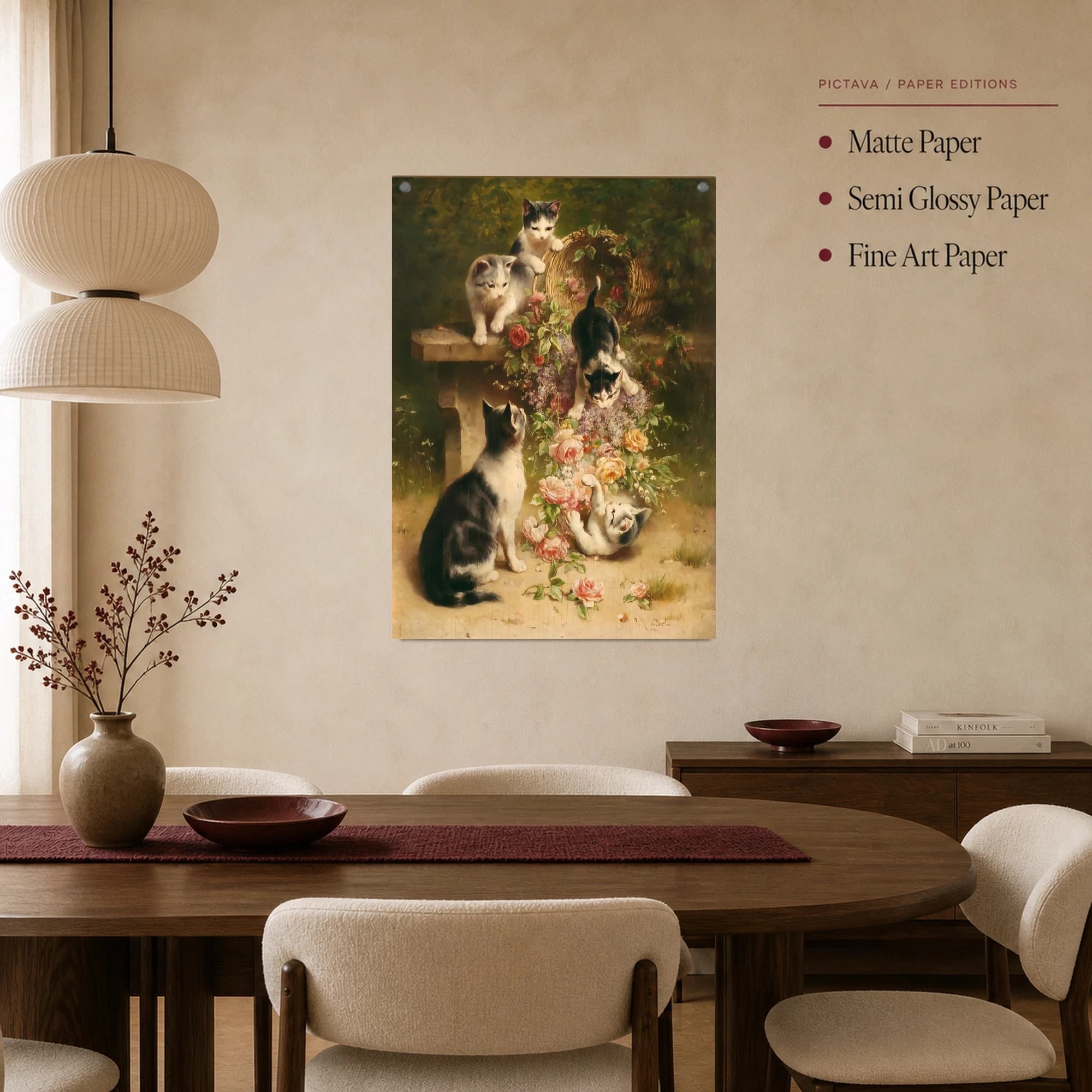 Playful Kittens and Roses Vintage Canvas Art Print, view 3