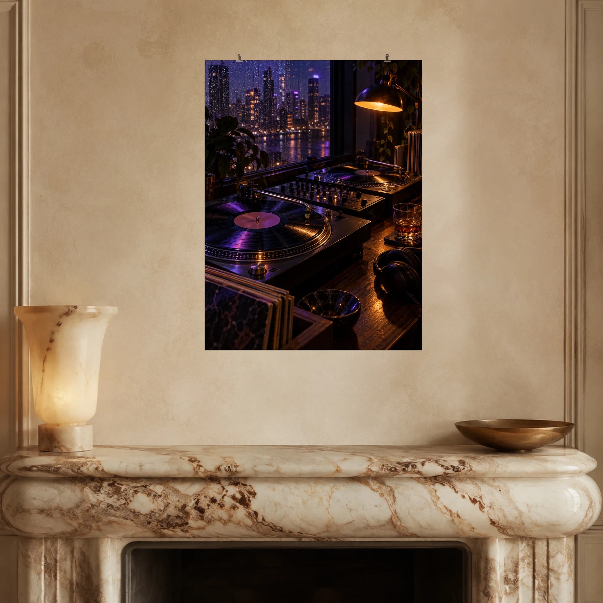 Vinyl turntables glow beneath an amber lamp as rain softens the city lights beyond the window.