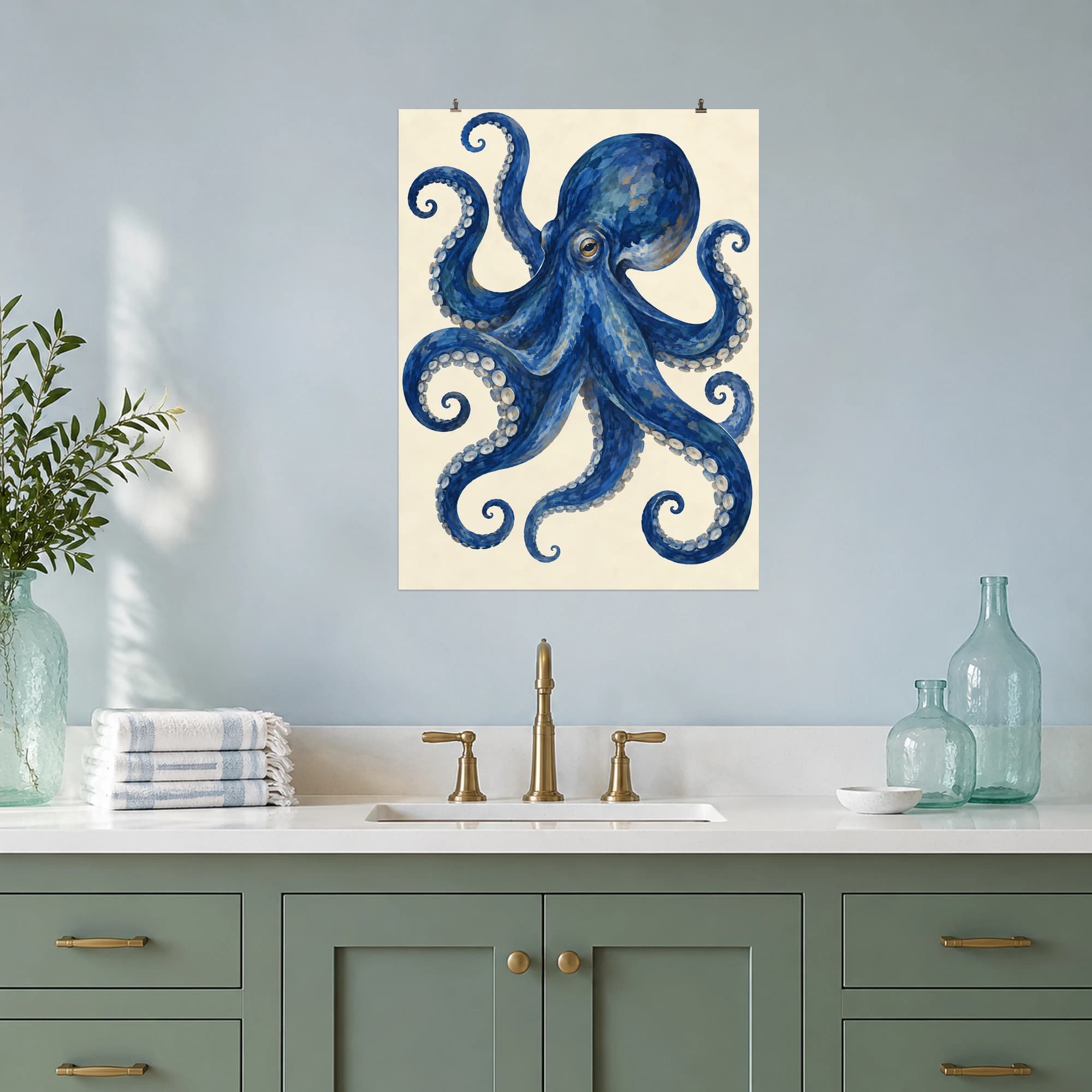 A cobalt blue octopus curls across a warm ivory background. Flowing arms and expressive brushwork bring movement and a bold marine accent to coastal interiors.