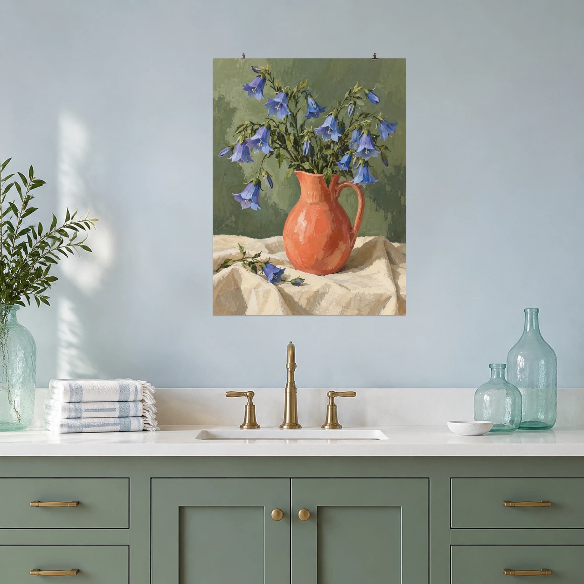 This gouache-style composition features blue campanula bells in a coral ceramic carafe on cream linen against a muted sage wall. Expressive brushwork and a balanced palette bring warmth and character to your space.