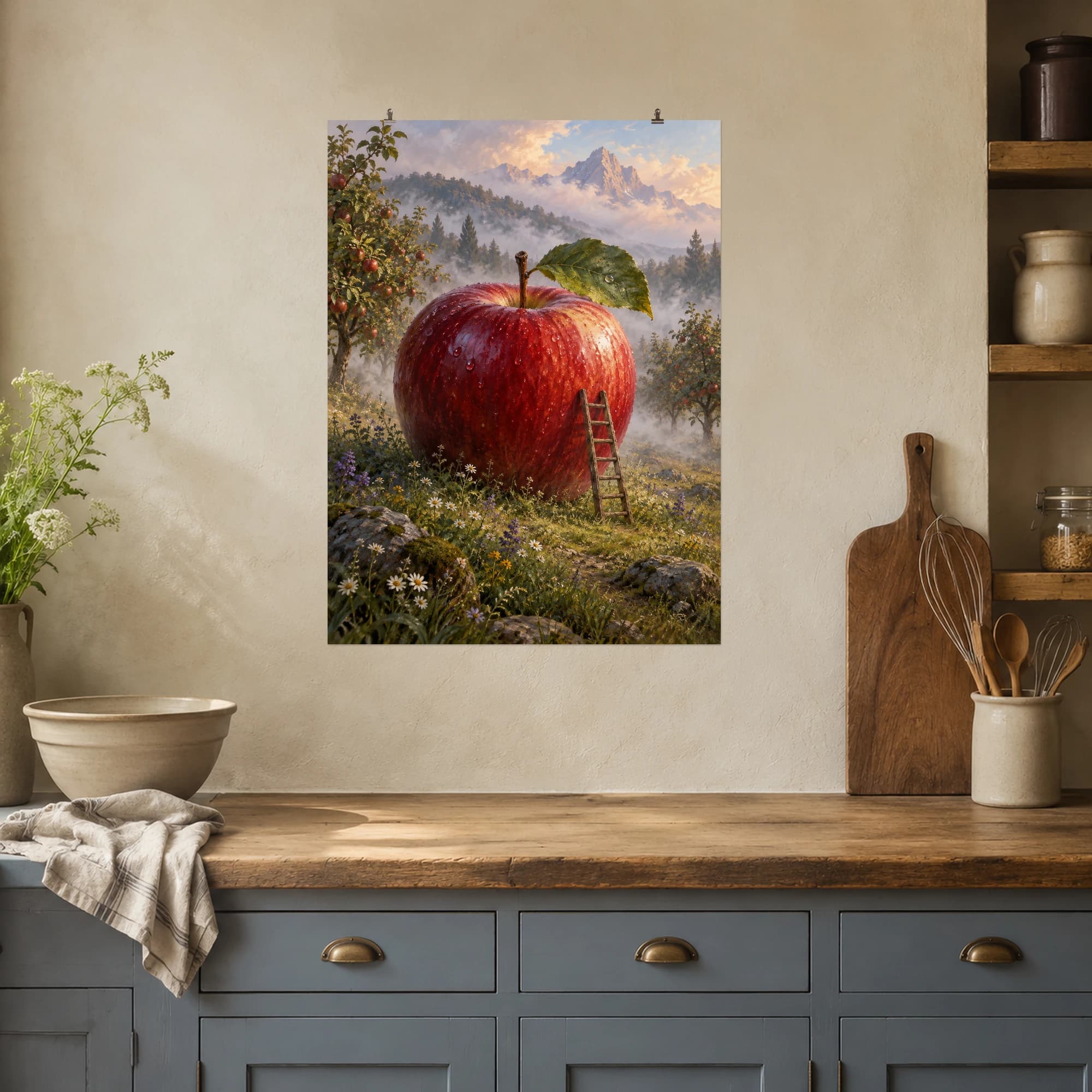 An oversized apple stands in a misty orchard beside a small ladder. This dreamlike landscape pairs familiar garden details with an unexpected sense of scale.