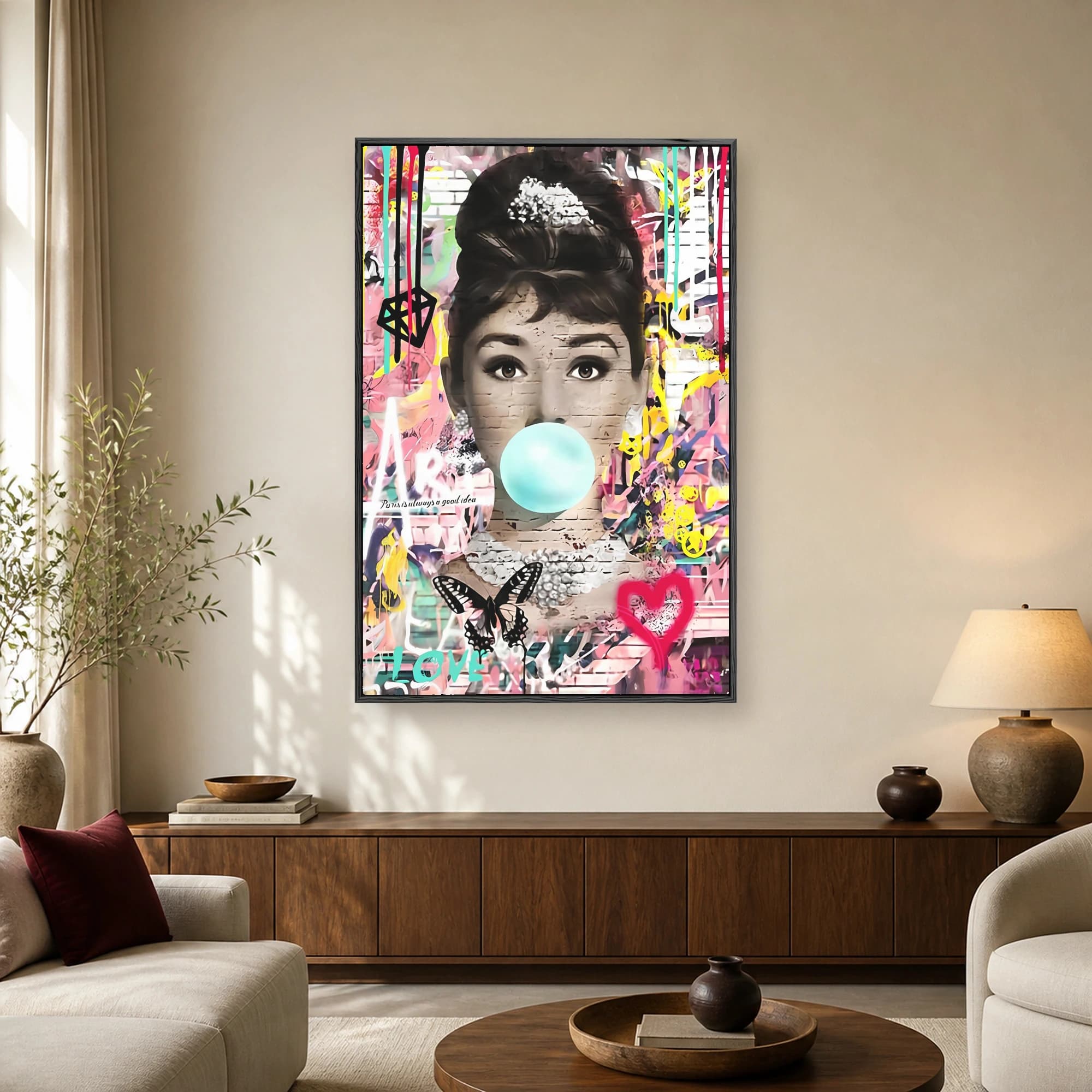 A vibrant pop art collage featuring a classic portrait of Audrey Hepburn with a bright blue bubblegum bubble, surrounded by neon graffiti and a butterfly.