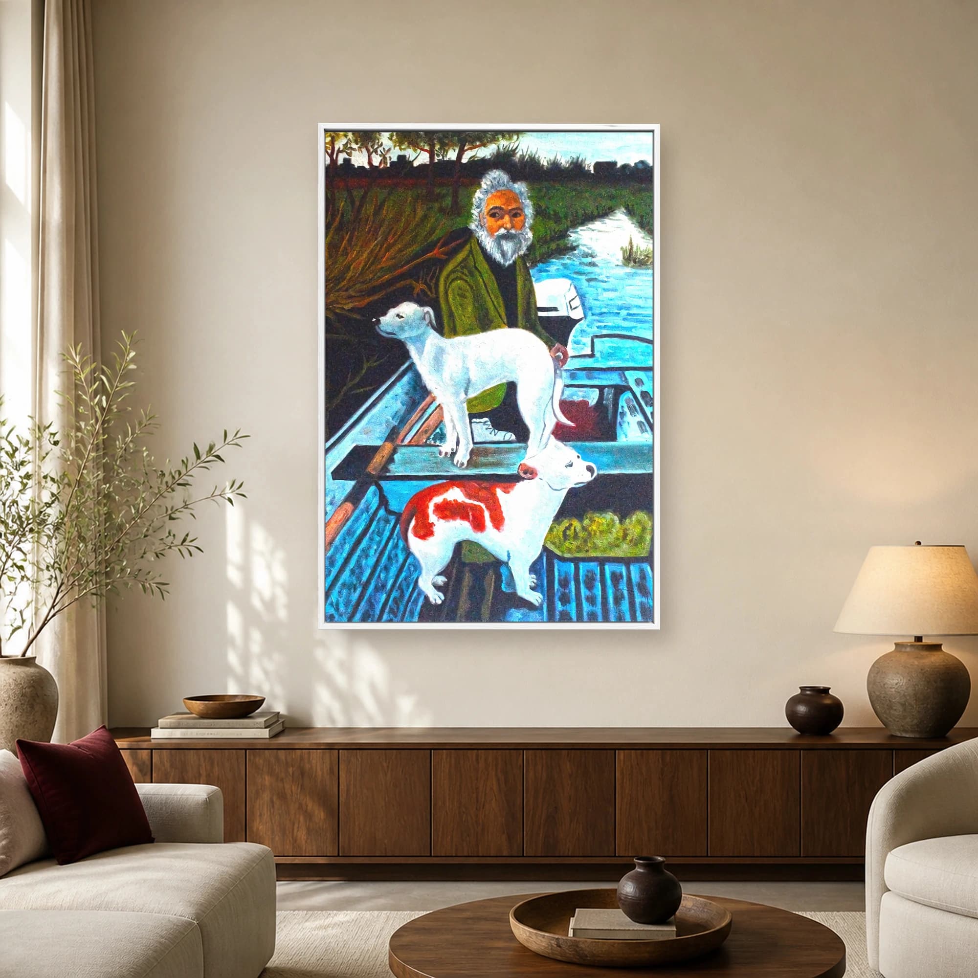 Man and Dogs on a Blue Boat Folk Art Canvas Print, view 2