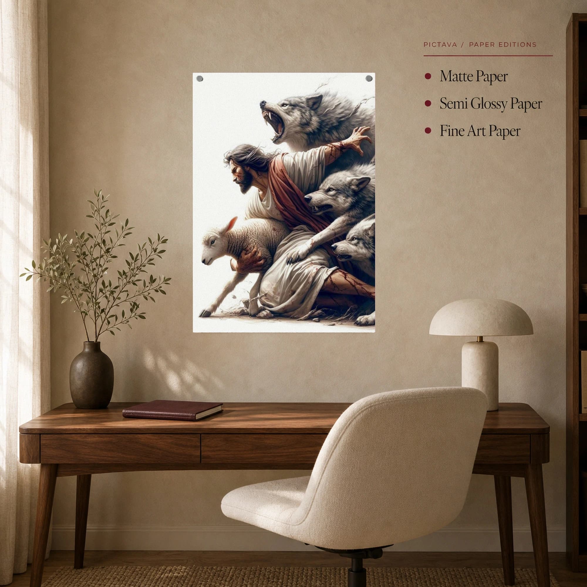 Shepherd Protecting Lamb from Wolves Canvas Print, view 7