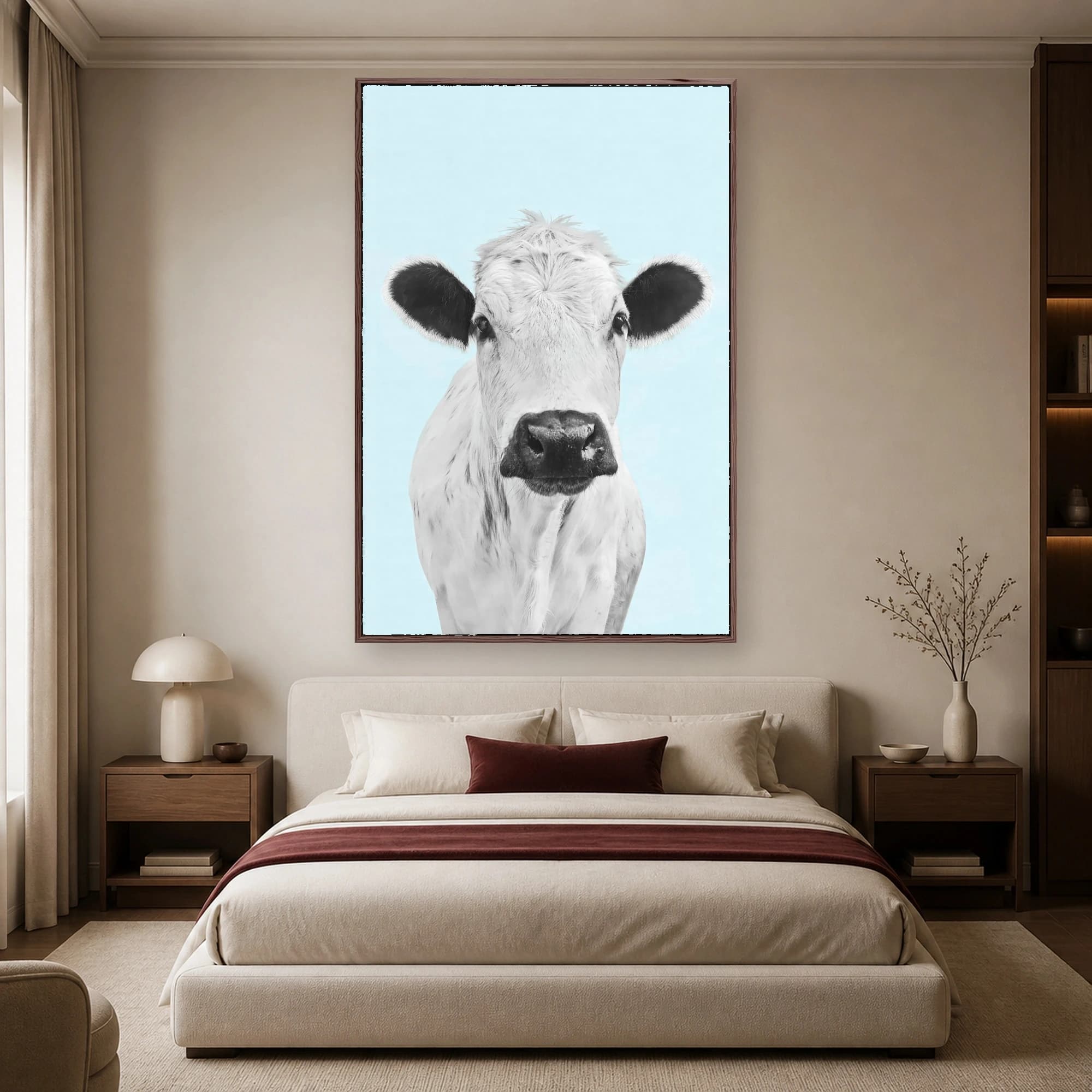 Charming Cow Portrait on Light Blue Wall Art, view 3