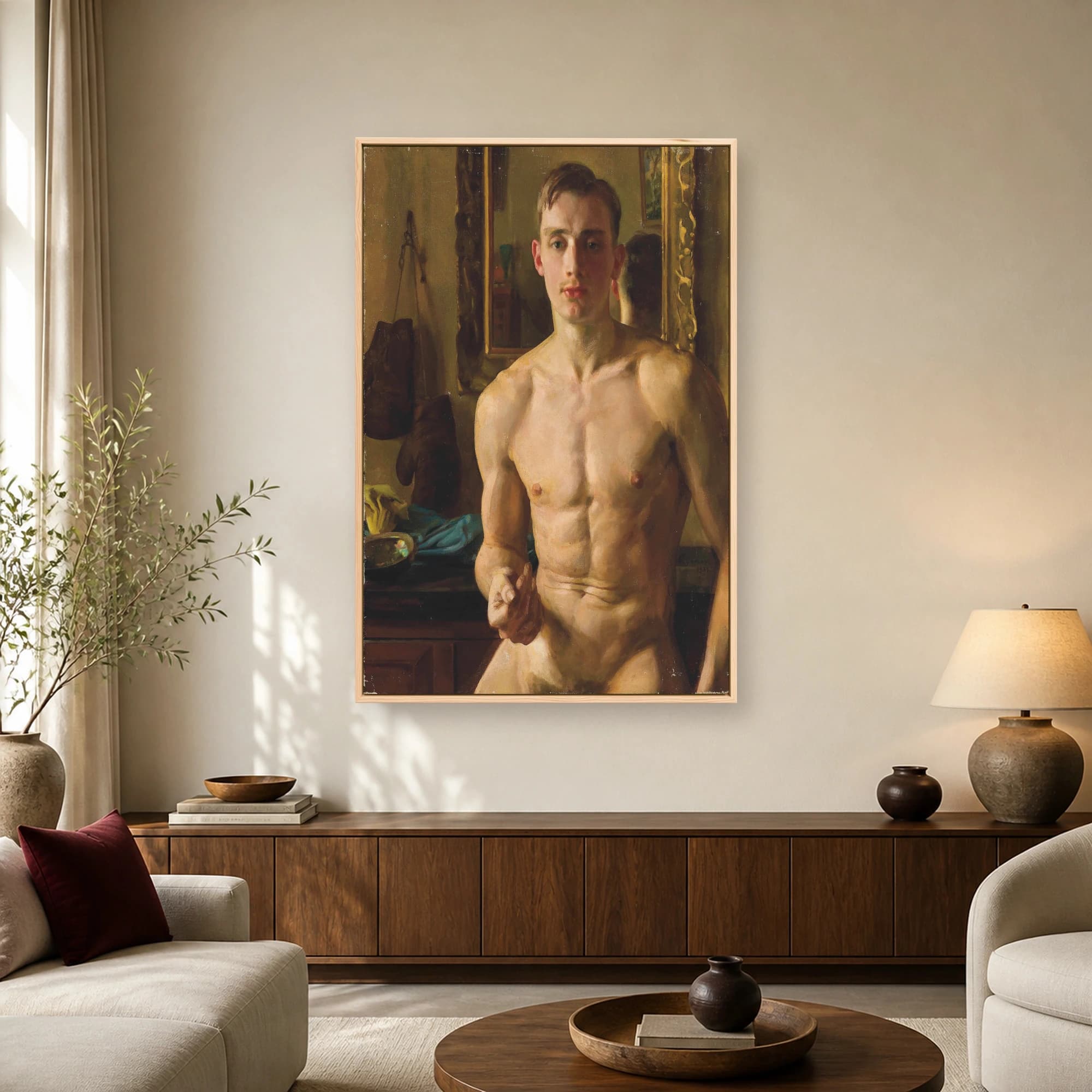 Fine art oil painting of a bare-chested young male boxer standing near a gilt mirror and hanging boxing gloves, dated 1933.