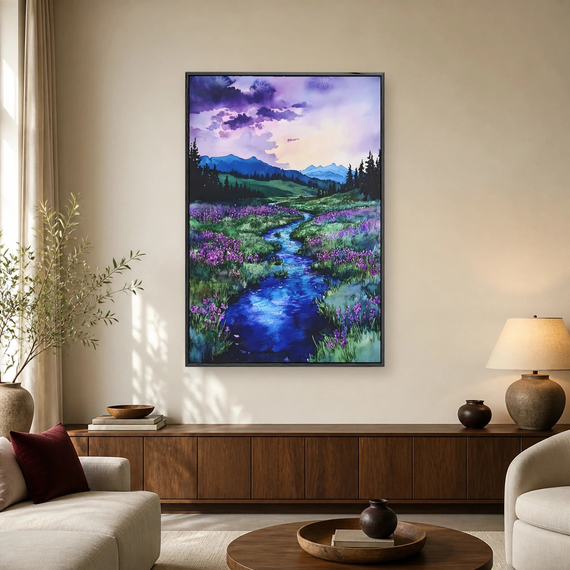 Watercolor painting of a mountain valley with a winding blue river, vibrant purple wildflowers, evergreen trees, and a purple twilight sky.