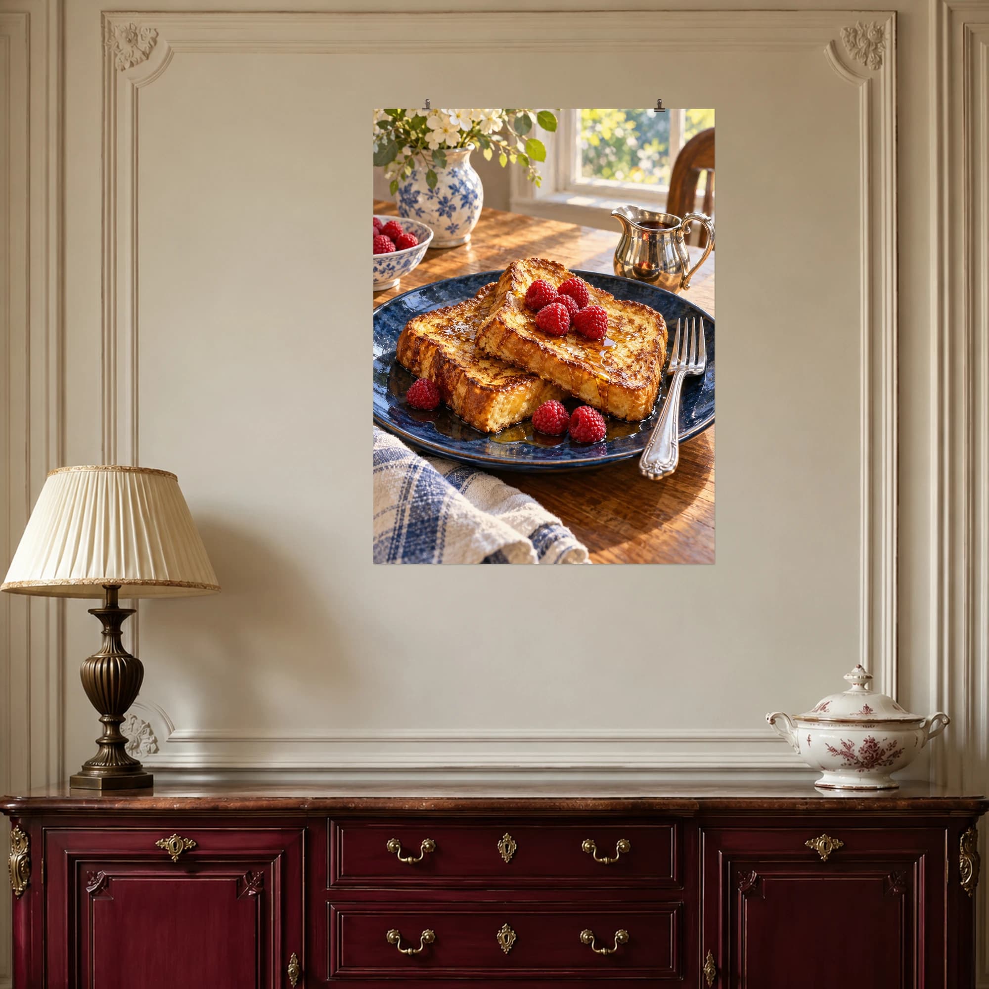 Golden French toast and raspberries bring warmth to a sunny breakfast table.