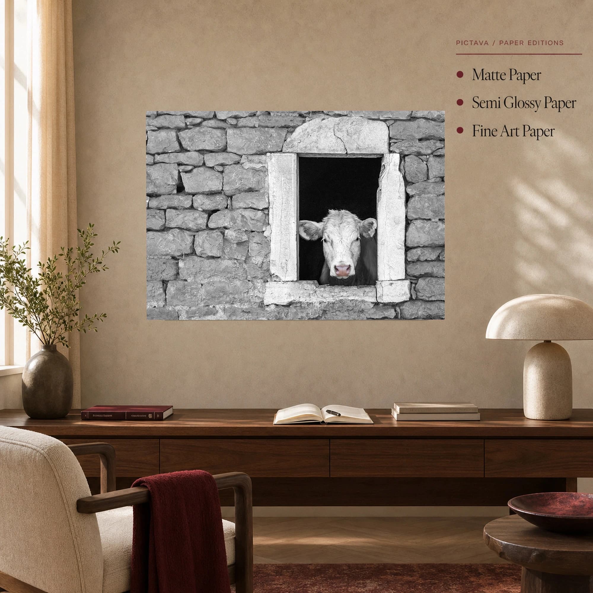 Curious Cow in Stone Window Black and White Farmhouse Wall Art, view 6