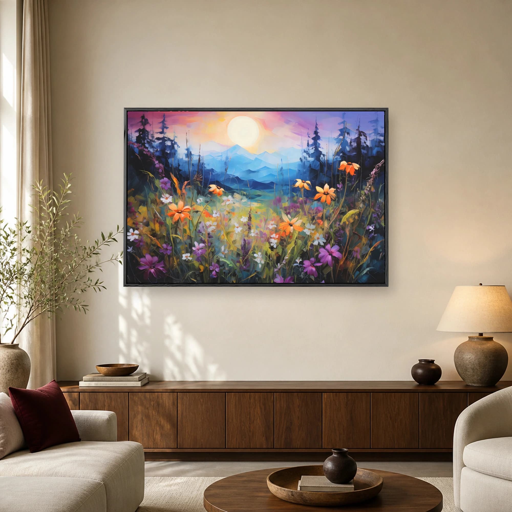 Impressionist landscape painting of an alpine meadow filled with orange and purple wildflowers beneath a glowing sunrise and blue mountains