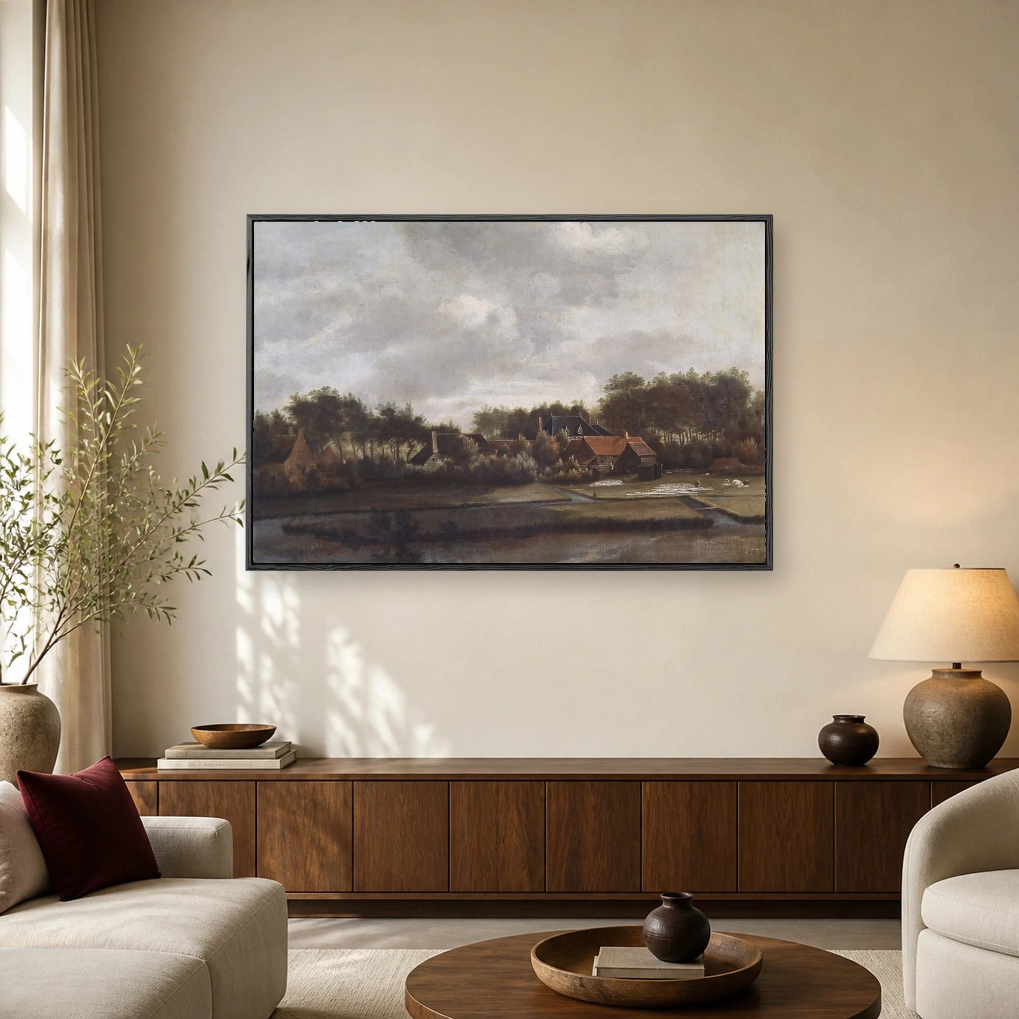 Classic Dutch landscape painting showing rustic cottages, trees, and linen bleaching fields under a cloudy sky.