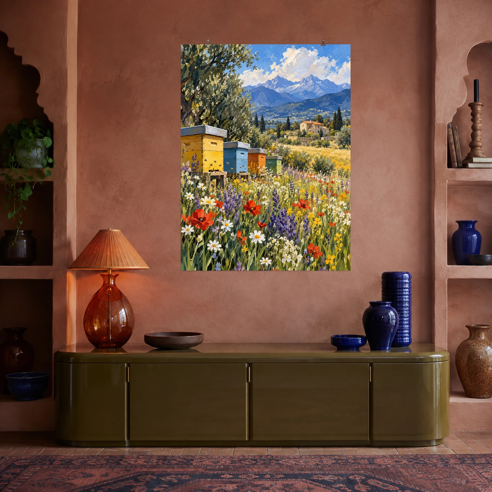 This gouache-style composition features small colorful beehive boxes at the edge of a wildflower meadow with a distant stone farmhouse and blue mountain peaks. Expressive brushwork and a balanced palette bring warmth and character to your space.