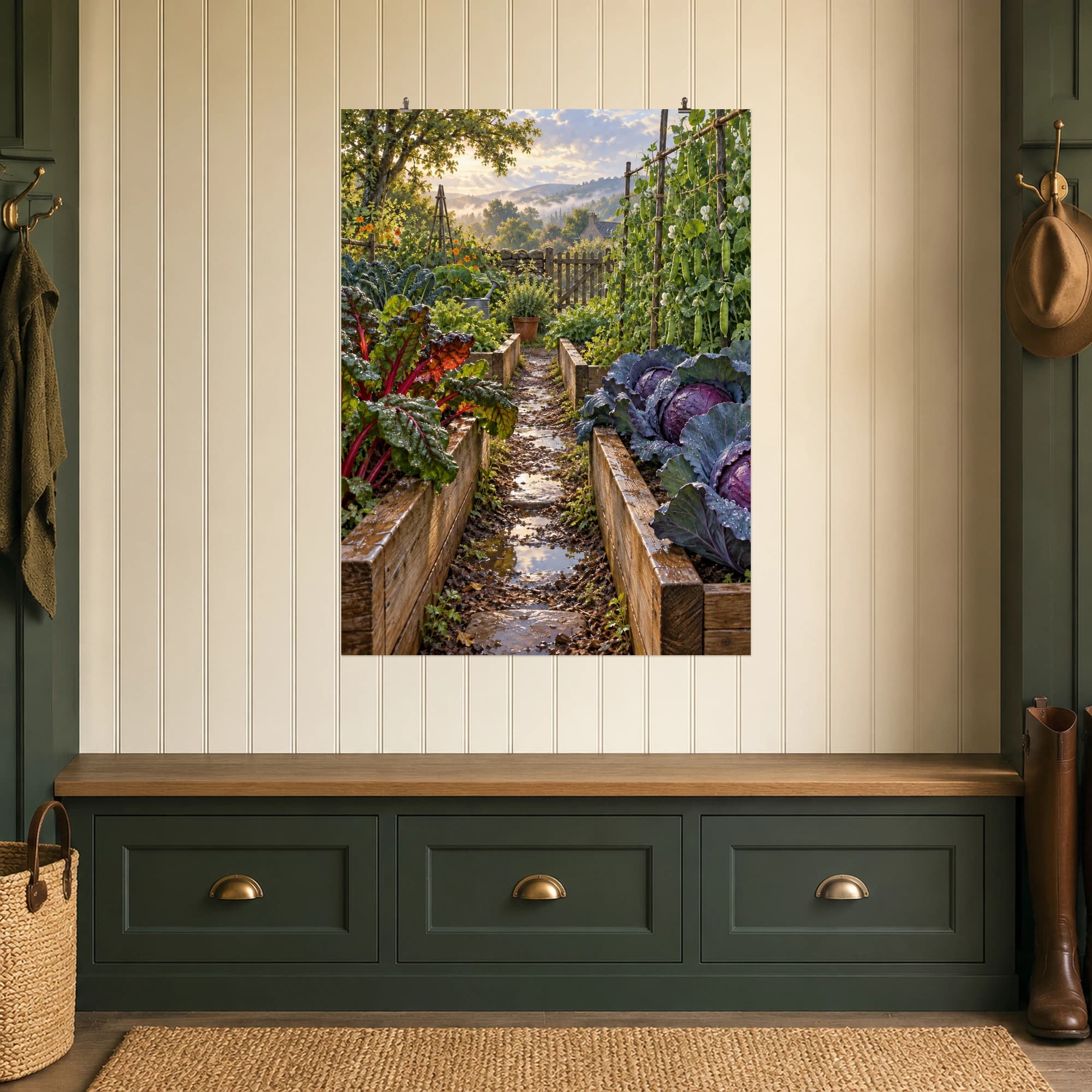 Morning light falls across raised vegetable beds, leafy chard and purple cabbages. A rain-dappled path leads toward a garden gate and misty hills.