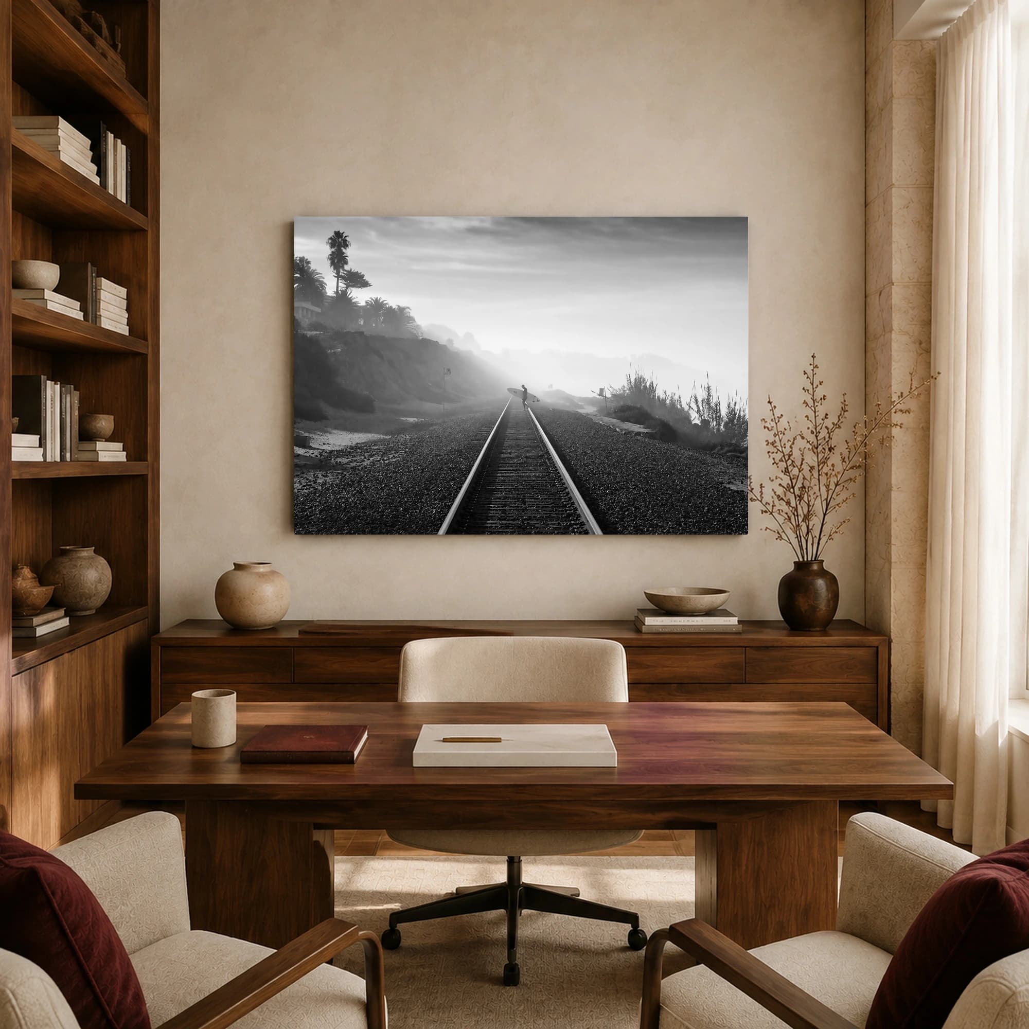 Surfer on Coastal Railway Tracks Black and White Photography, view 8