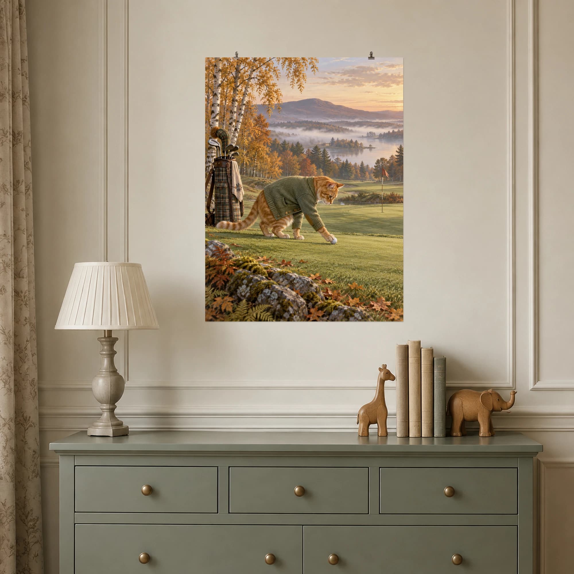 An orange tabby in a sage cardigan nudges a golf ball across a misty autumn green.