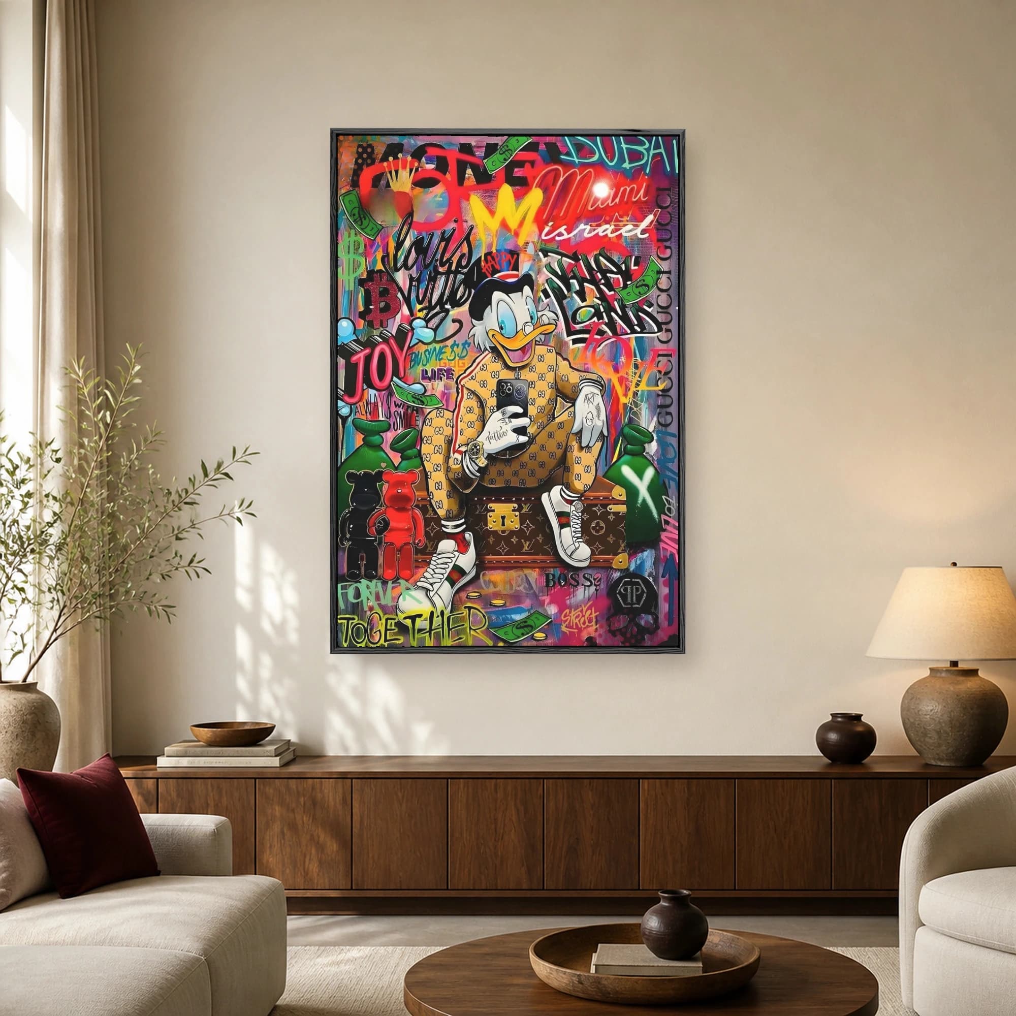 Pop art canvas print of a cartoon duck wearing designer monogram clothing and sneakers surrounded by graffiti and money