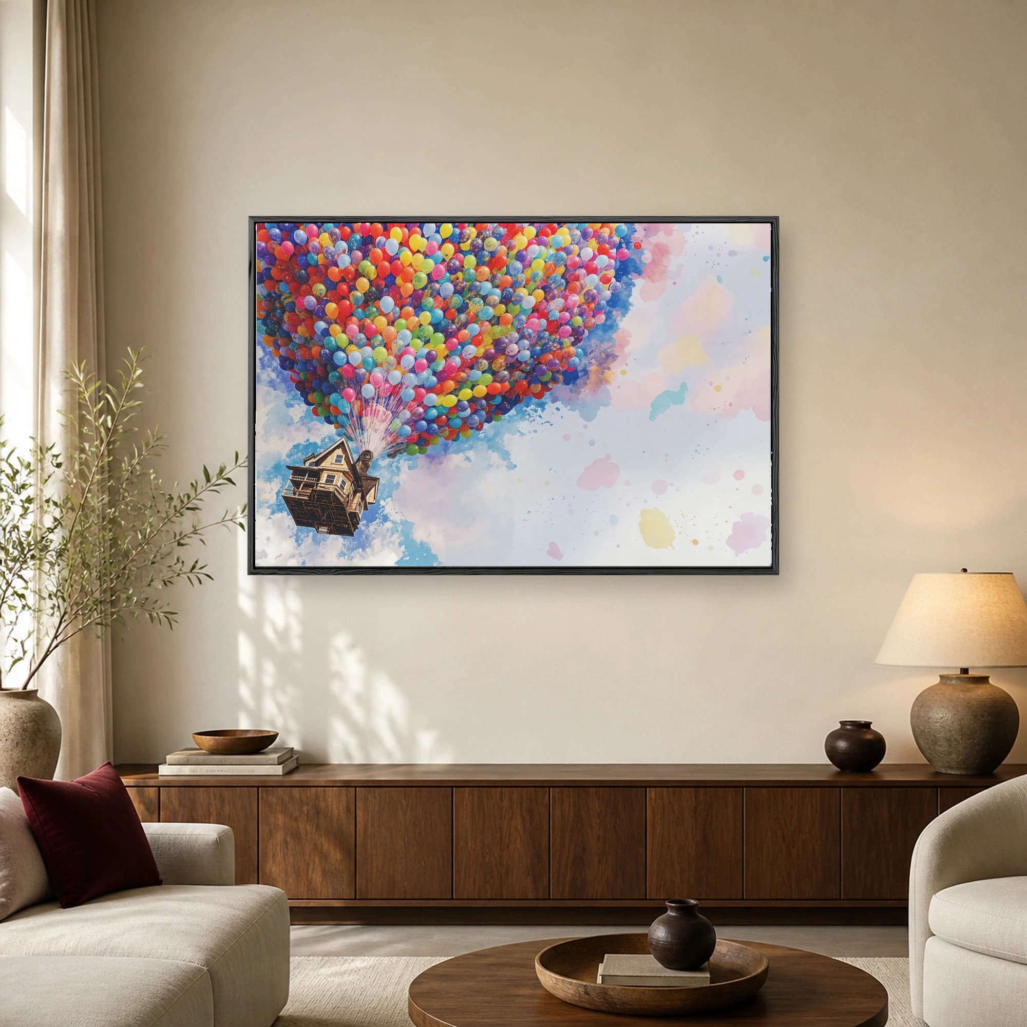 A wooden cottage floating in a blue sky, lifted by a massive cluster of colorful balloons with watercolor splashes on the right.
