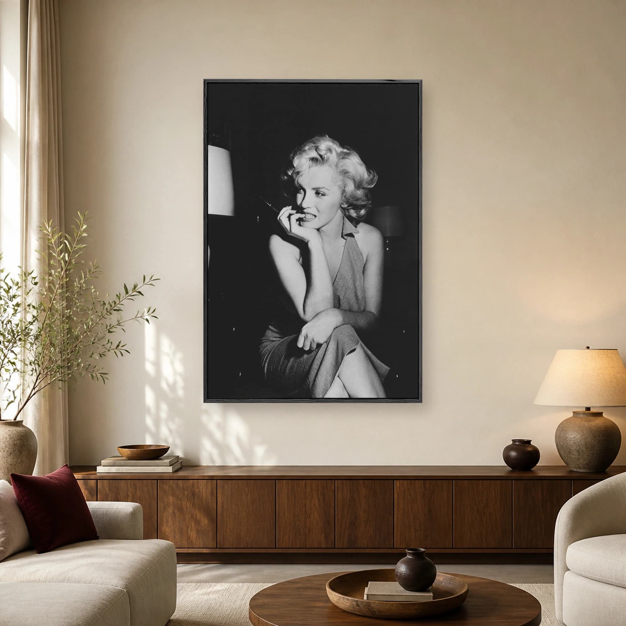Classic black and white photograph of Marilyn Monroe holding a cigarette holder and looking thoughtfully away from the camera.