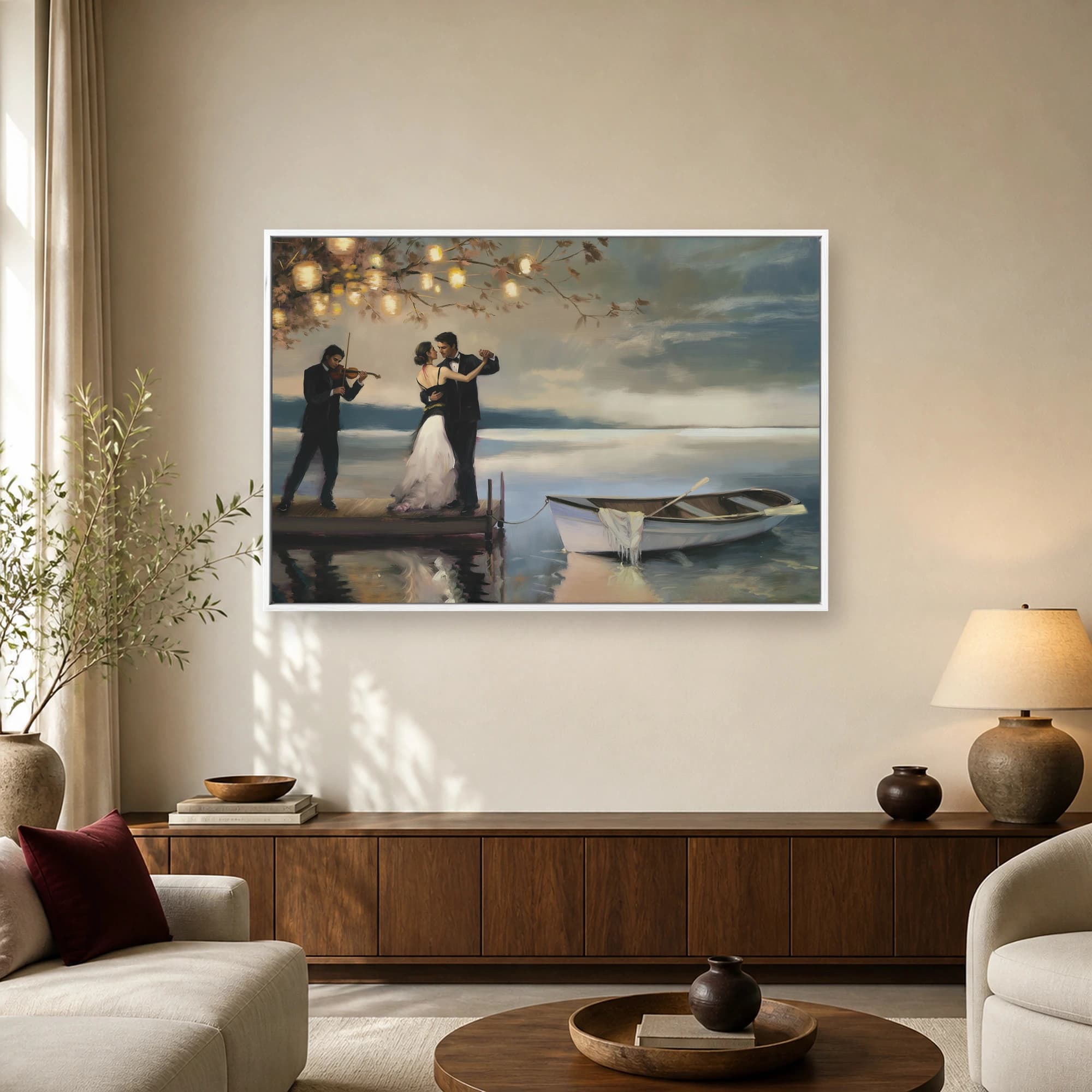 Romantic Lakeside Dance Canvas Print with Violinist and Lanterns, view 2