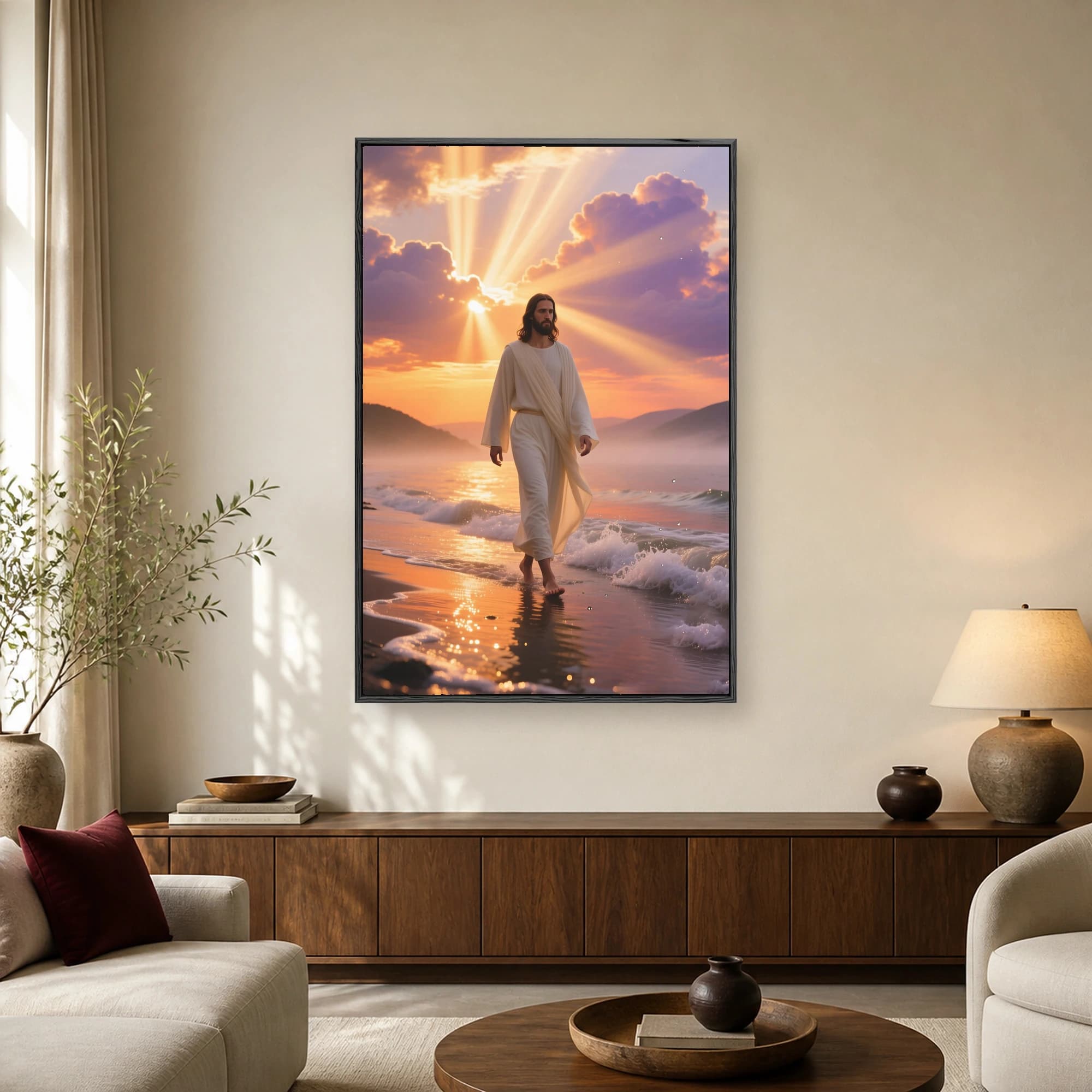 A robed figure of Jesus walks barefoot on a wet beach at sunrise with golden light rays beaming through colorful clouds and gentle ocean waves.