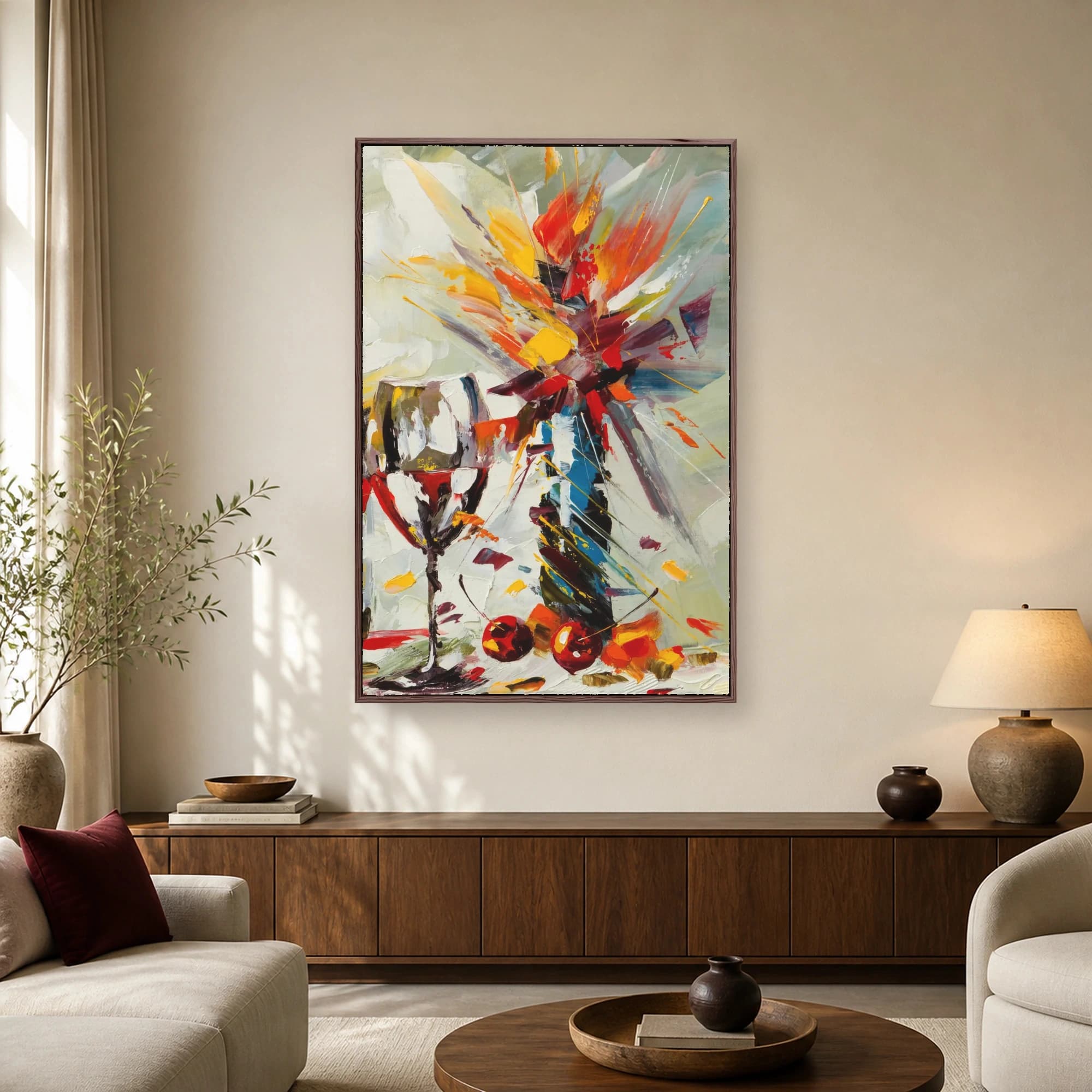 Abstract expressionist painting of a wine glass, cherries, and an explosive burst of red, yellow, and blue paint strokes on textured canvas.