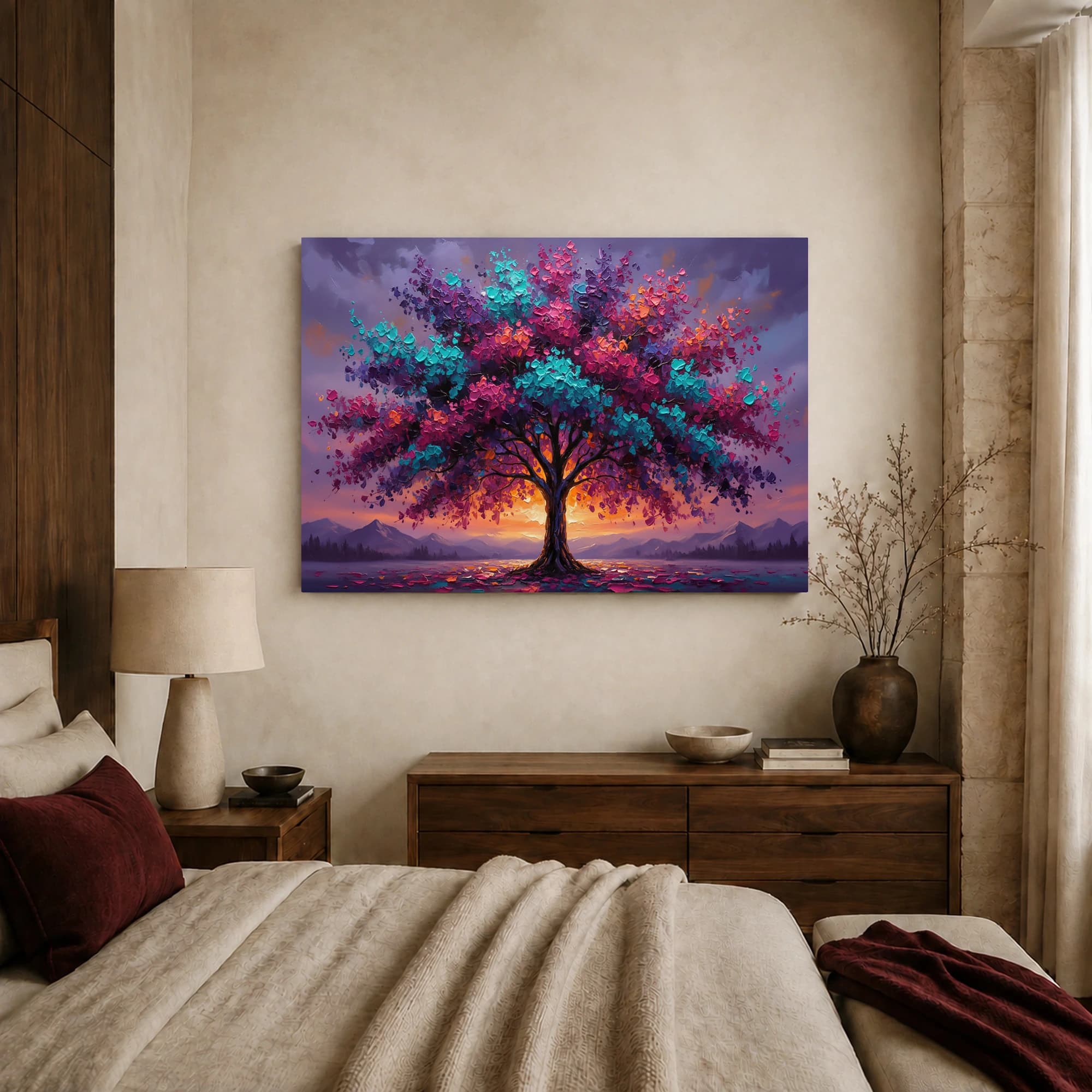 Vibrant Impasto Tree Sunset Landscape Canvas Print, view 8