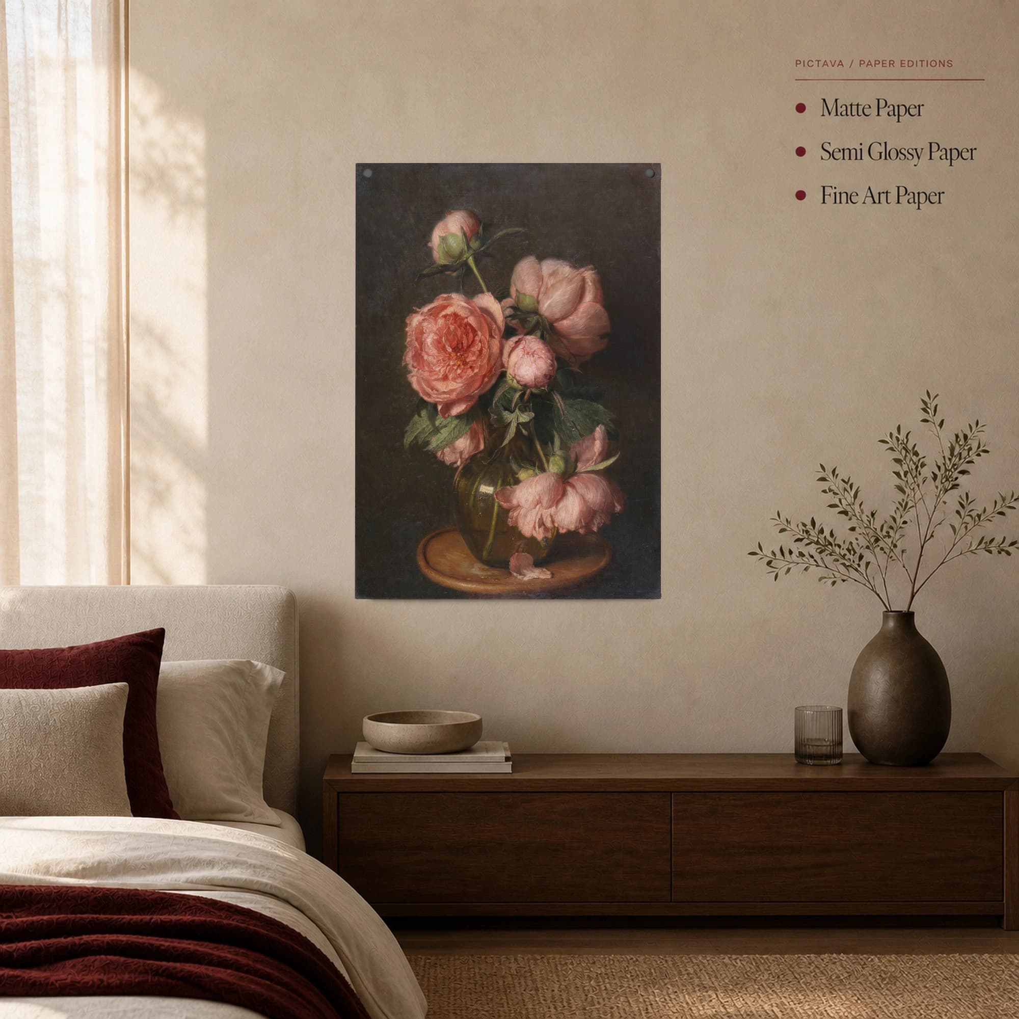 Vintage Pink Peonies Floral Still Life Canvas Print, view 2