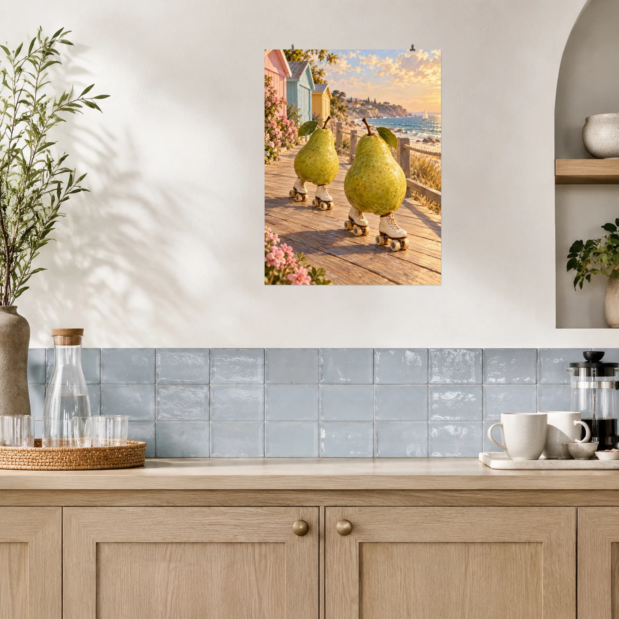 Two pears in cream roller skates explore a sunny seaside boardwalk lined with pastel beach huts.
