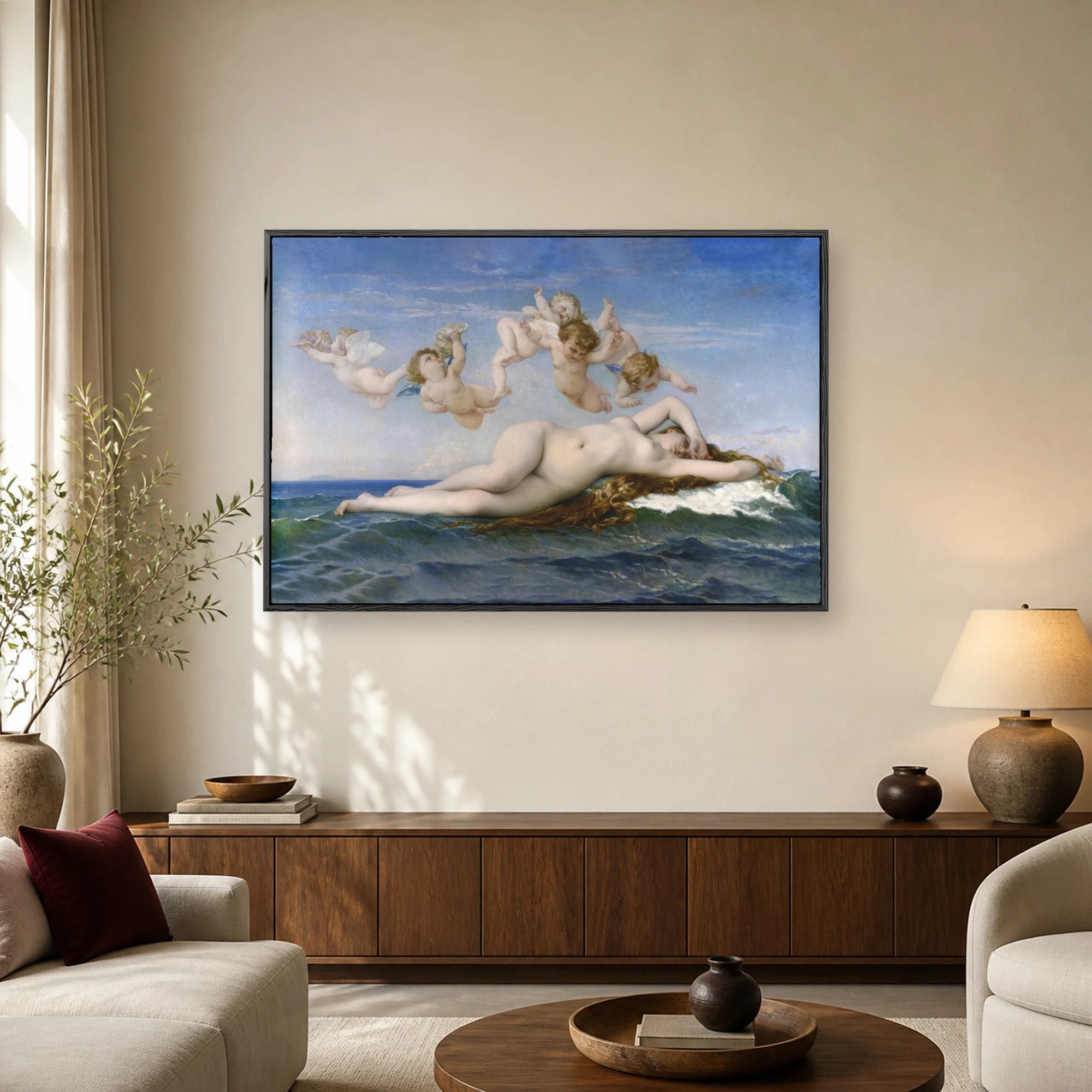 The Birth of Venus by William-Adolphe Bouguereau showing a reclining female nude on ocean waves surrounded by flying putti under a blue sky