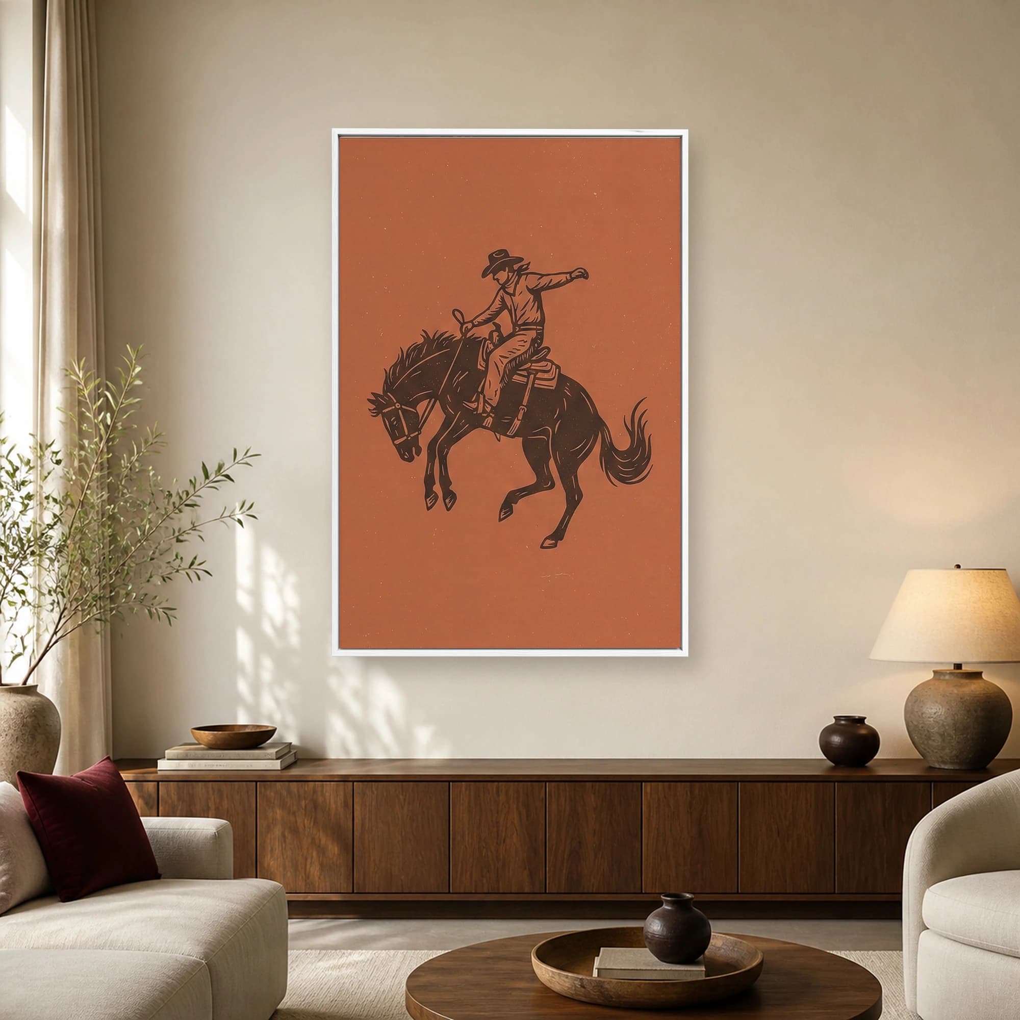 Bucking Bronco Cowboy Linocut Western Wall Art Print, view 2