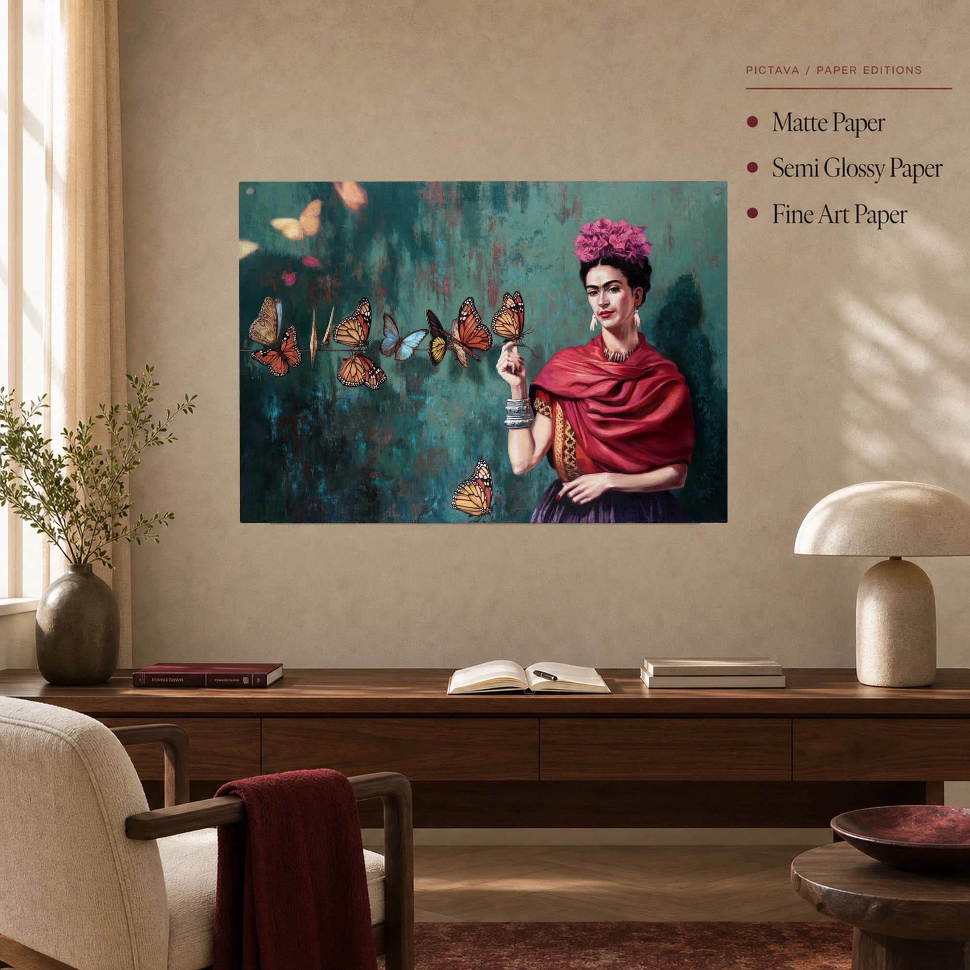 Frida Kahlo Portrait Canvas Print with Monarch Butterflies Wall Art, view 4