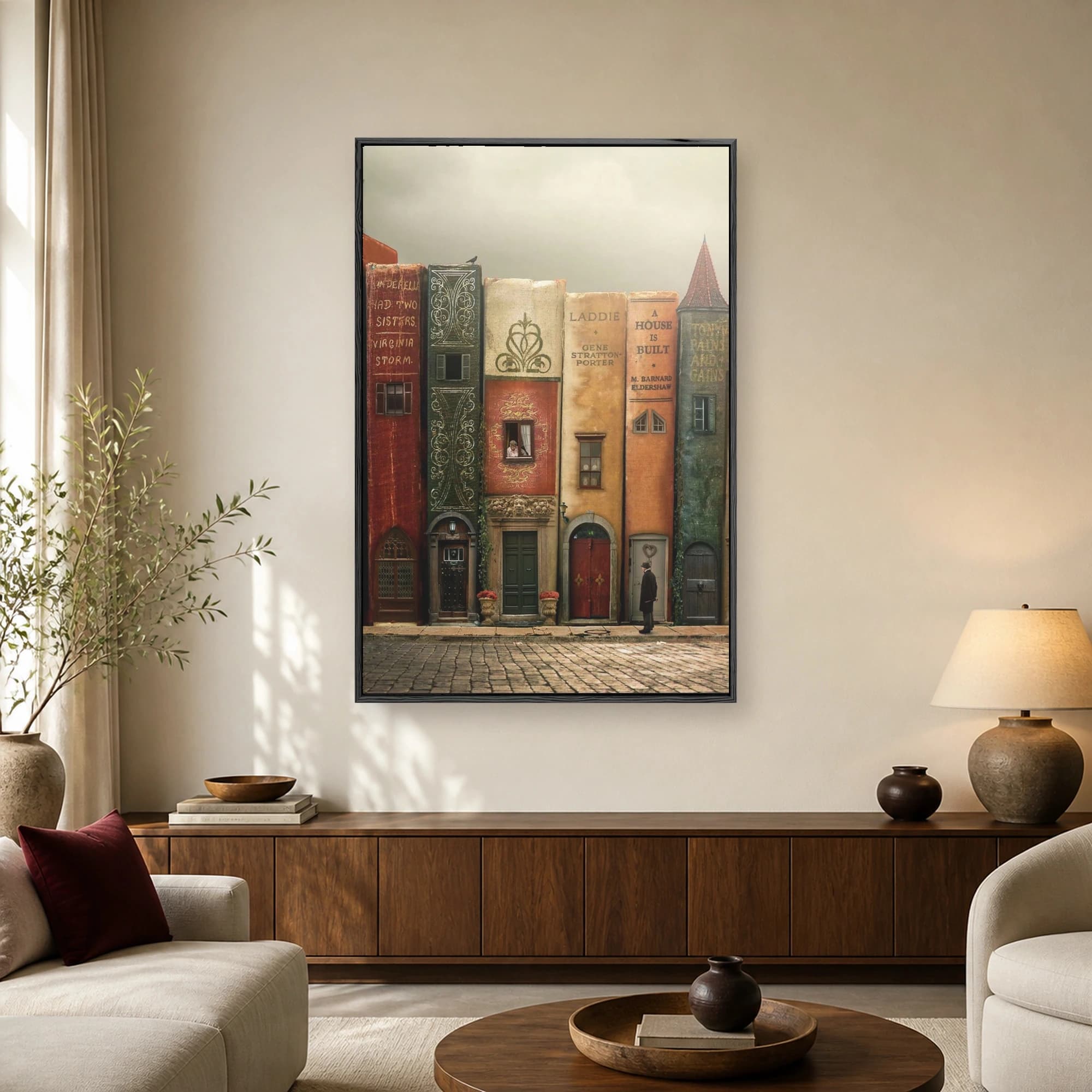 Surrealist art print depicting giant antique book spines functioning as buildings on a cobblestone street with a man in a top hat.