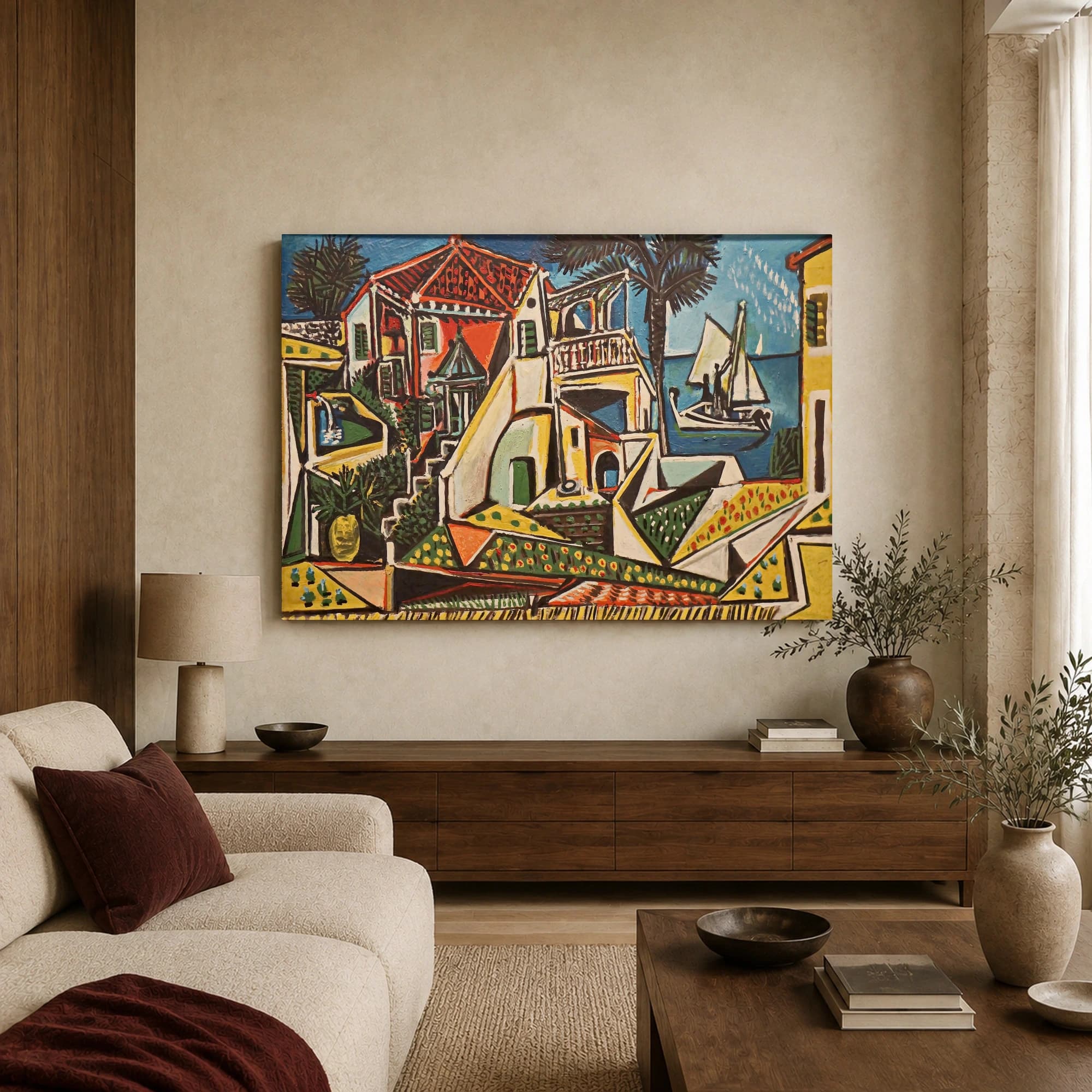 Mediterranean Coastal Villa and Sailboat Cubist Art Print, view 4