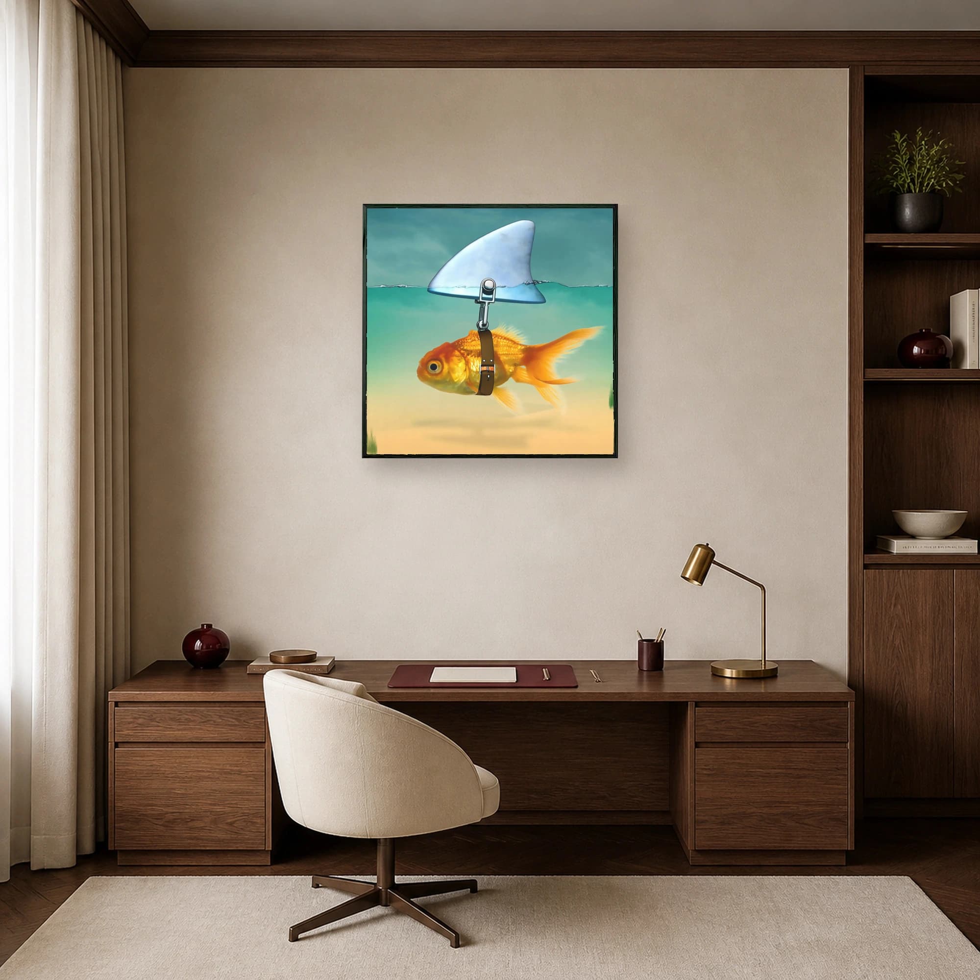 Surreal artwork of a small golden fish wearing a leather harness with a shark fin sticking above turquoise water