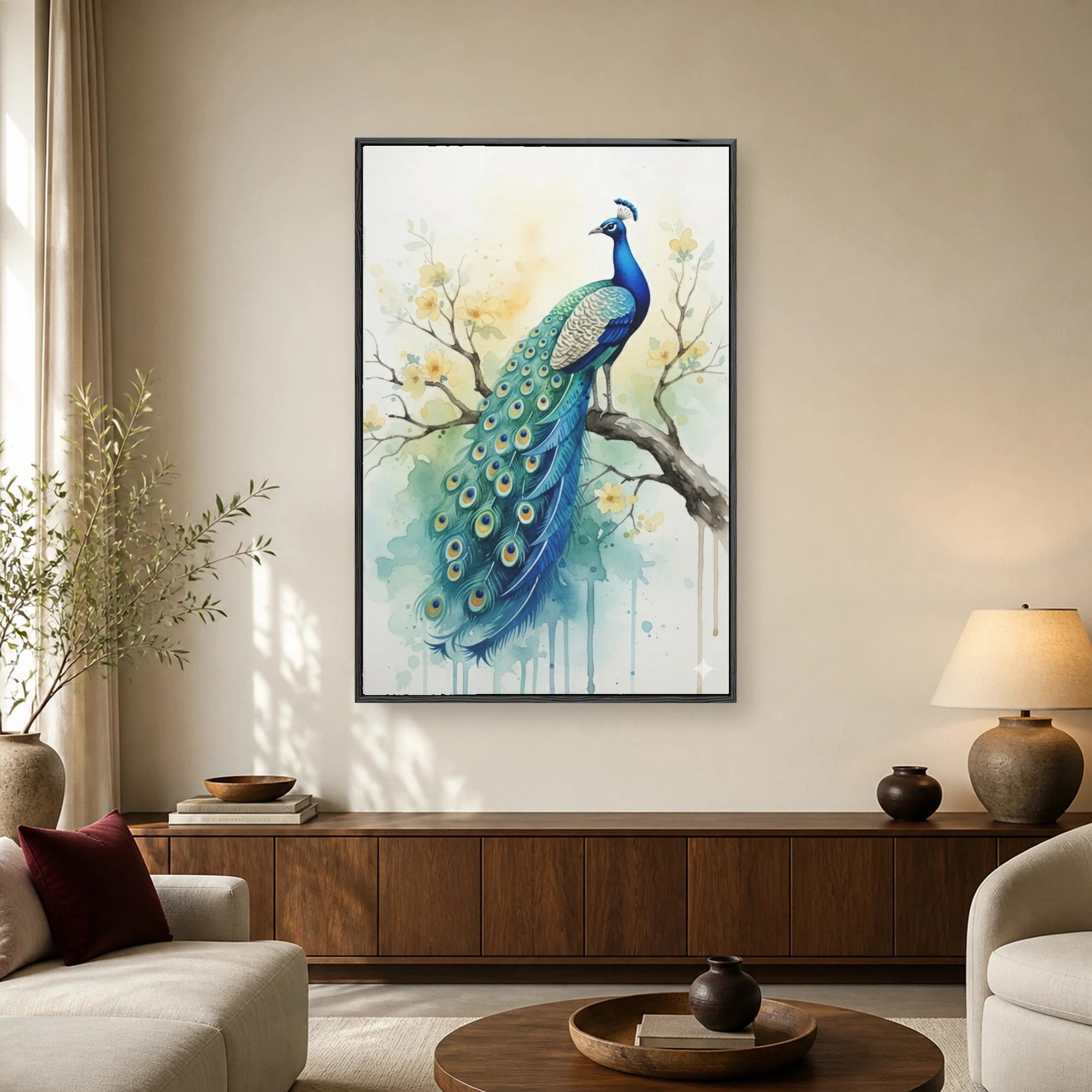 Watercolor painting of a vibrant blue peacock perched on a flowering branch with soft pastel background and paint drips