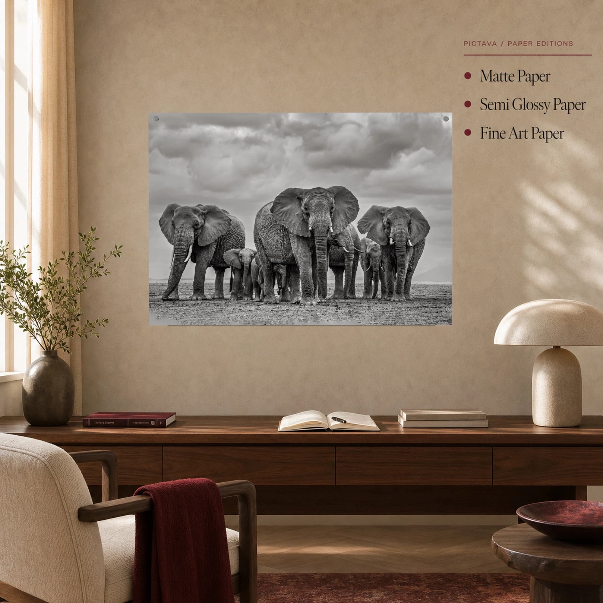 Majestic Elephant Herd Black and White Wildlife Wall Art, view 4
