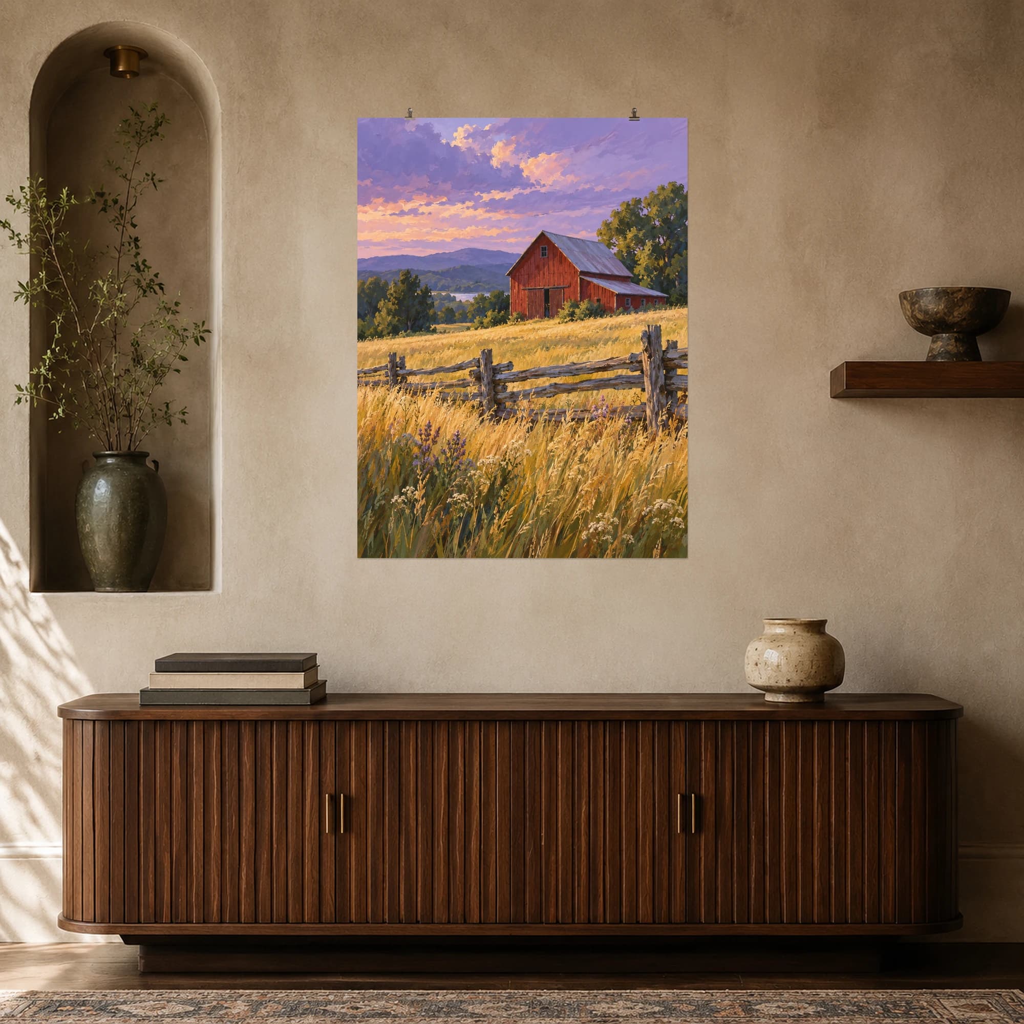 This gouache-style composition features a red wooden barn beyond golden grasses and a split rail fence beneath a lavender sky. Expressive brushwork and carefully balanced color bring a distinctive focal point to your wall.