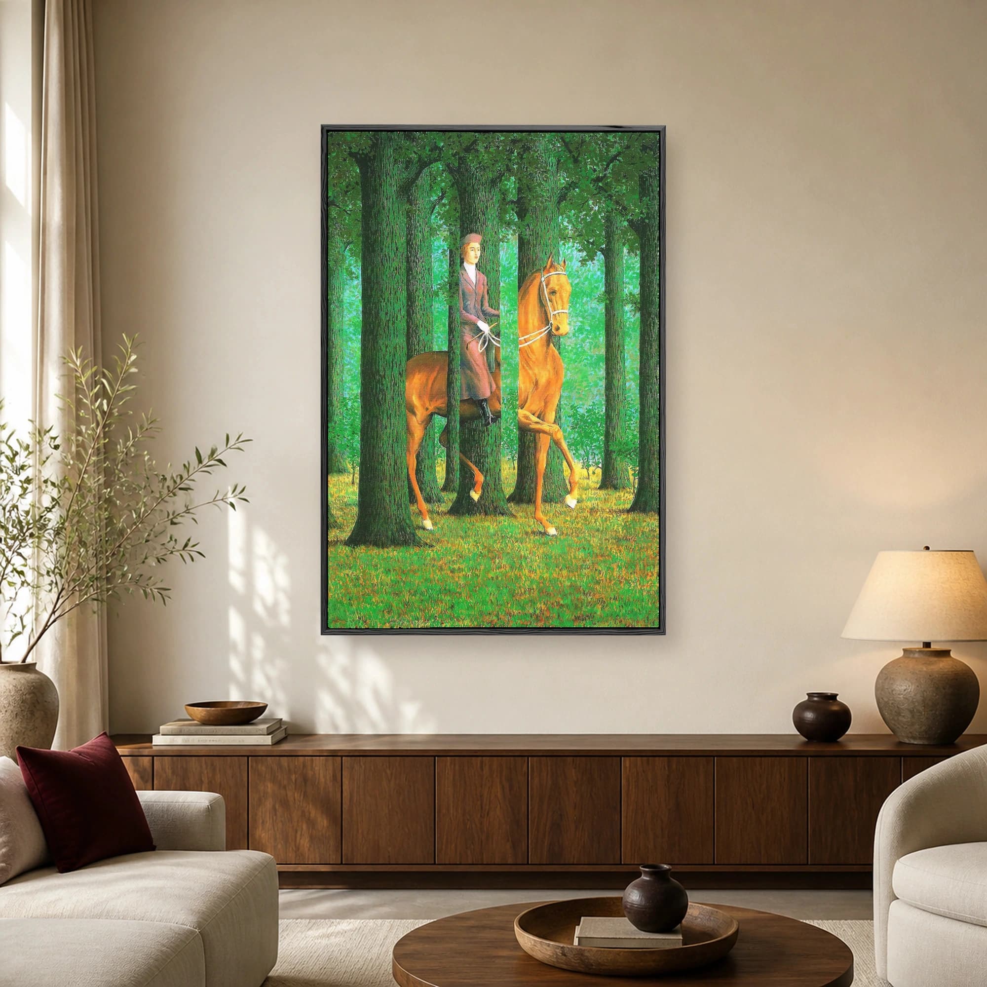 Fine art print of René Magritte's The Blank Signature showing a horse and rider interspersed with forest trees in a surrealist style.