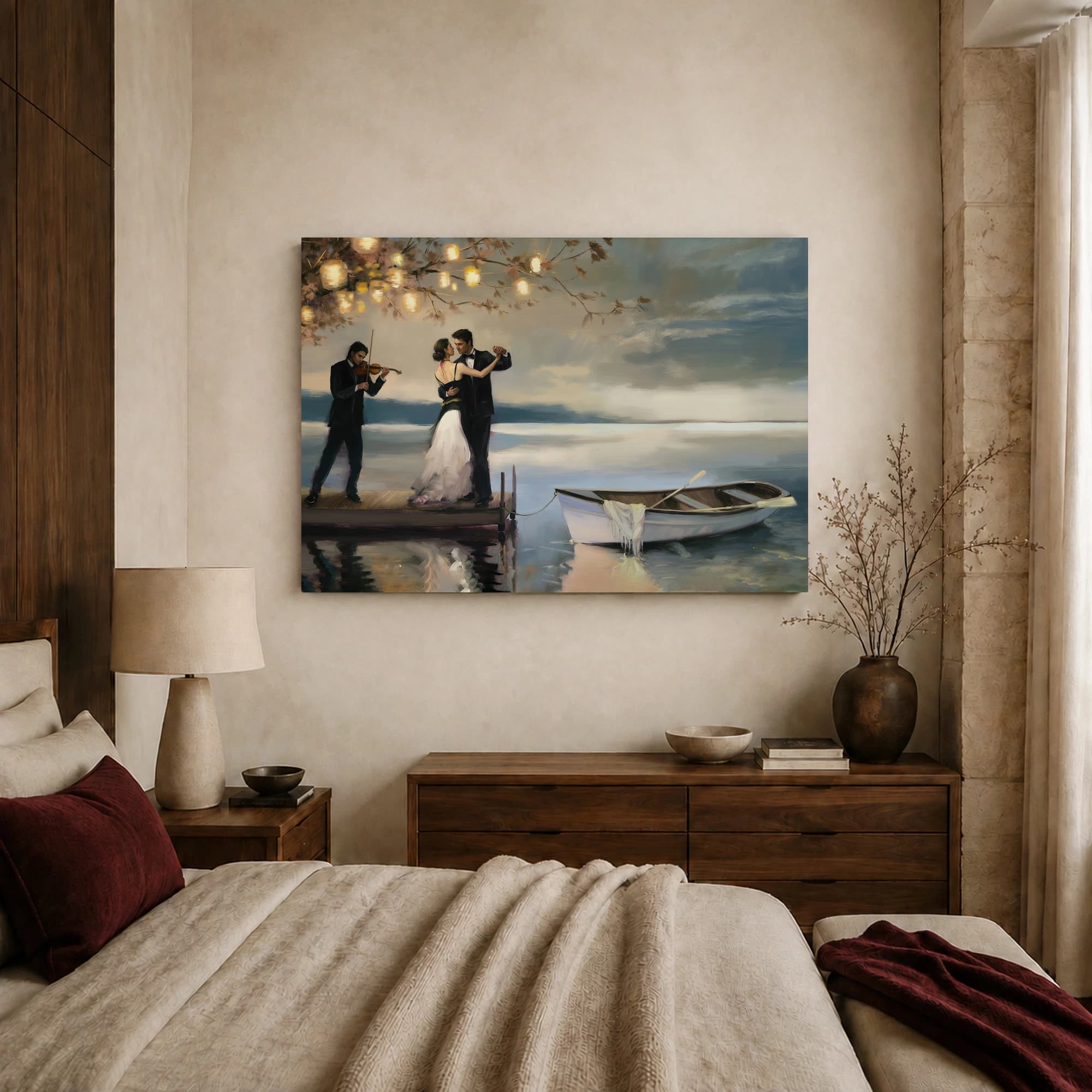 Romantic Lakeside Dance Canvas Print with Violinist and Lanterns, view 8
