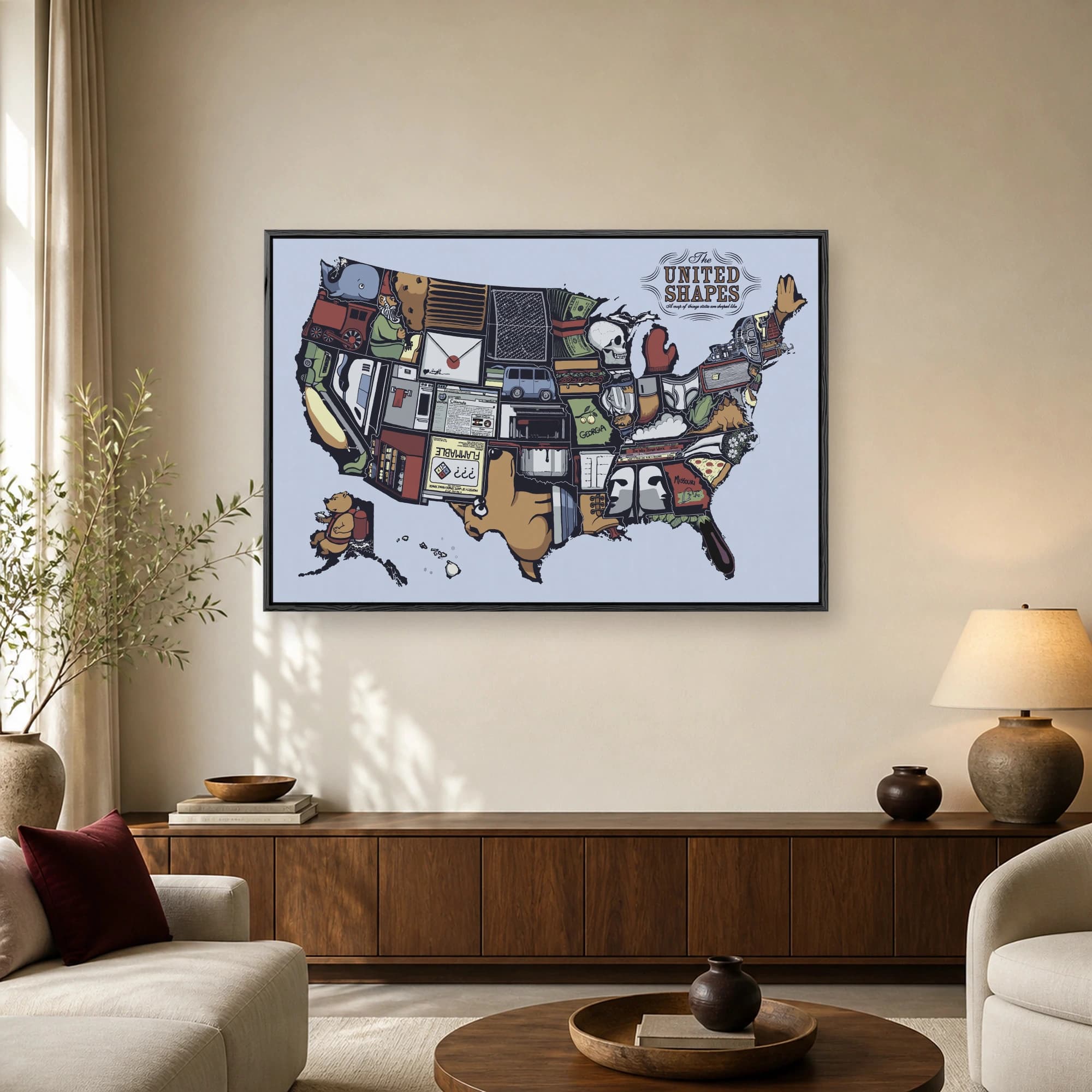 A whimsical illustrated map of the United States where every state is shaped like a different humorous object, animal, or item.