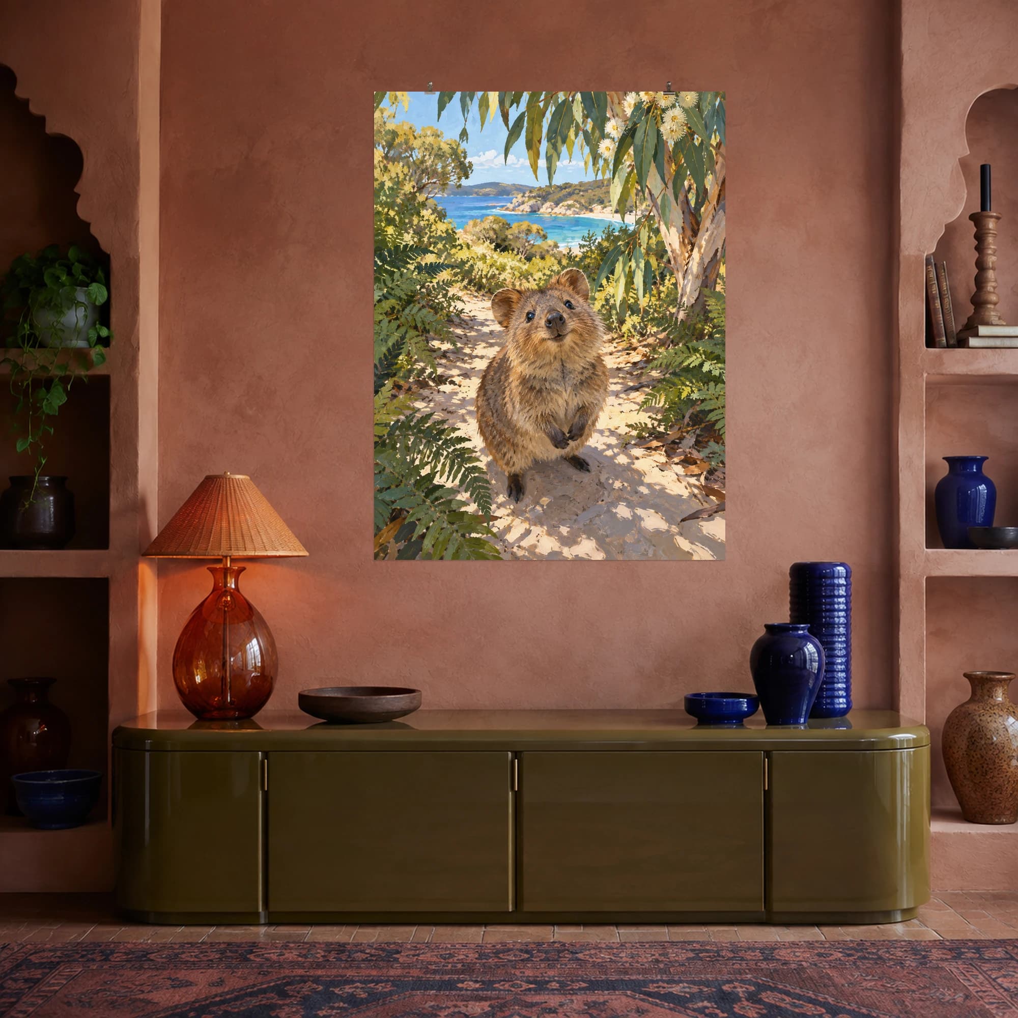This gouache-style composition features a small quokka looking up from a sandy path framed by ferns and sunlit eucalyptus foliage. Expressive brushwork and a balanced palette bring warmth and character to your space.