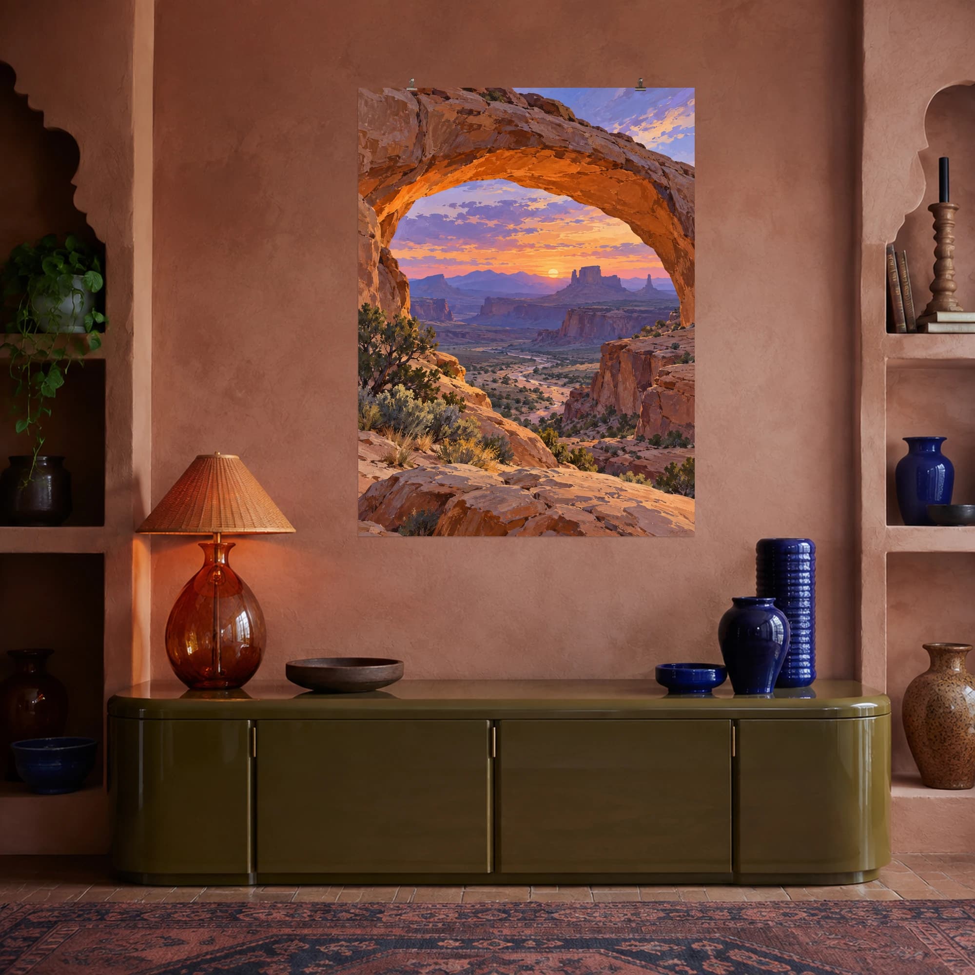 This gouache-style composition features a sweeping sandstone arch above a desert wash with distant mesas in violet evening light. Expressive brushwork and carefully balanced color bring a distinctive focal point to your wall.