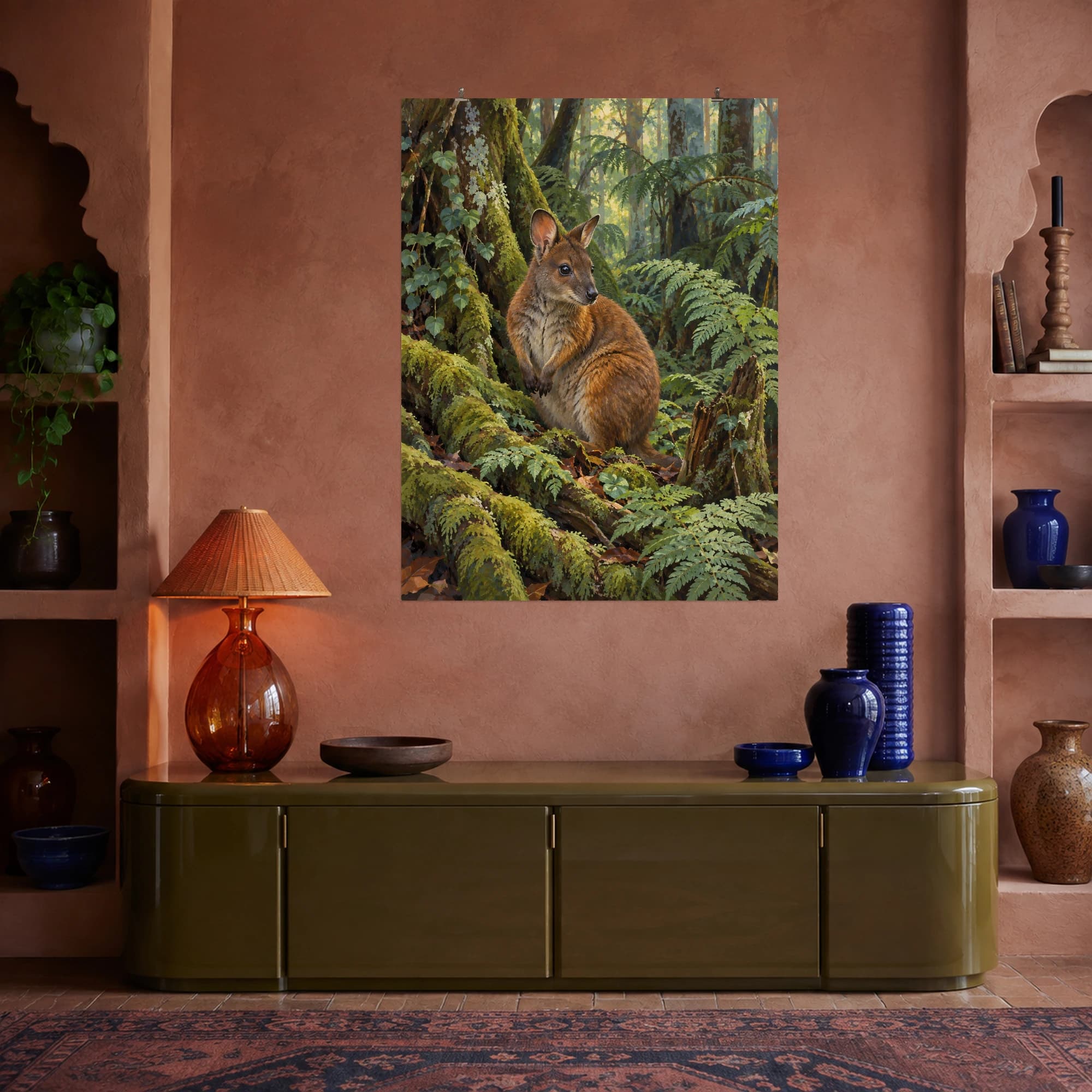 This gouache-style composition features a small pademelon sitting among moss-covered roots in a quiet temperate rainforest, soft russet fur and delicate emerald ferns. Expressive brushwork and a balanced palette bring warmth and character to your space.